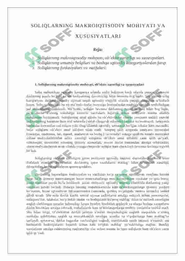 soliqlarning makroiqtisodiy mohiyati va xususiyatlari