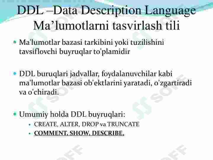 SQLtili yordamida ma‘lumotlarni tavsiflash.