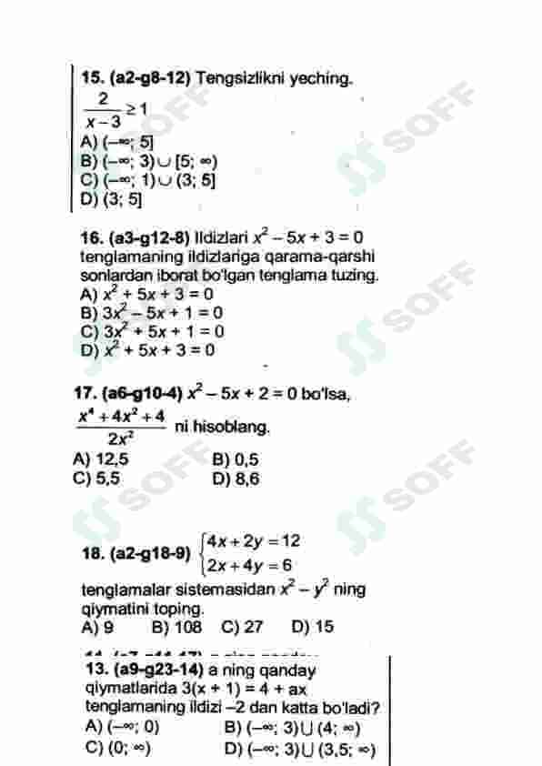 Matematikadan test topshiriqlari abiturientlar uchun