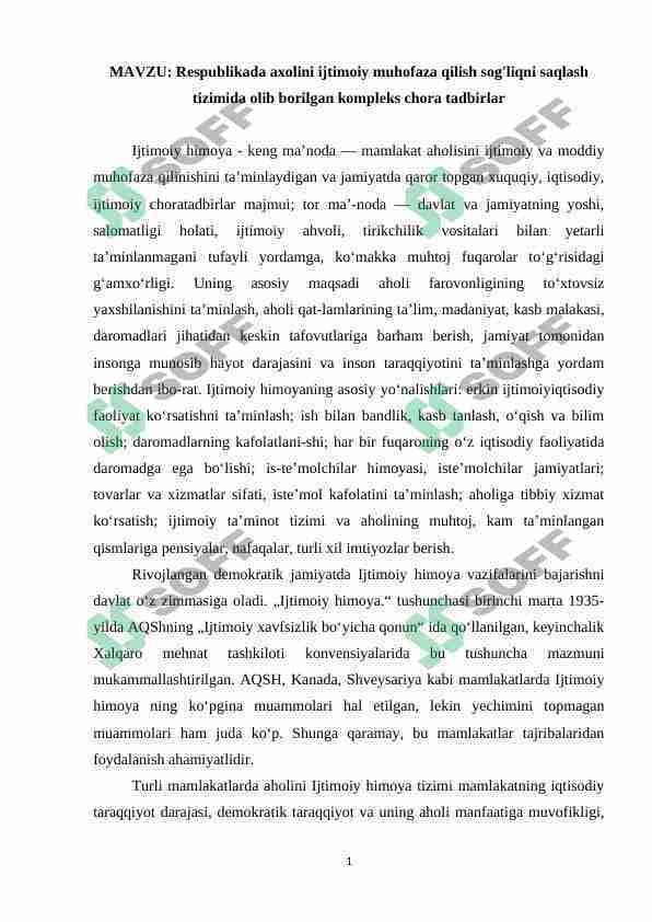 Respublikada axolini ijtimoiy muhofaza qilish sog'liqni saqlash tizimida olib borilgan kompleks chora tadbirlar