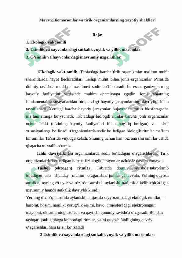 Biomaromlar va tirik organizmlarning xayotiy shakllari