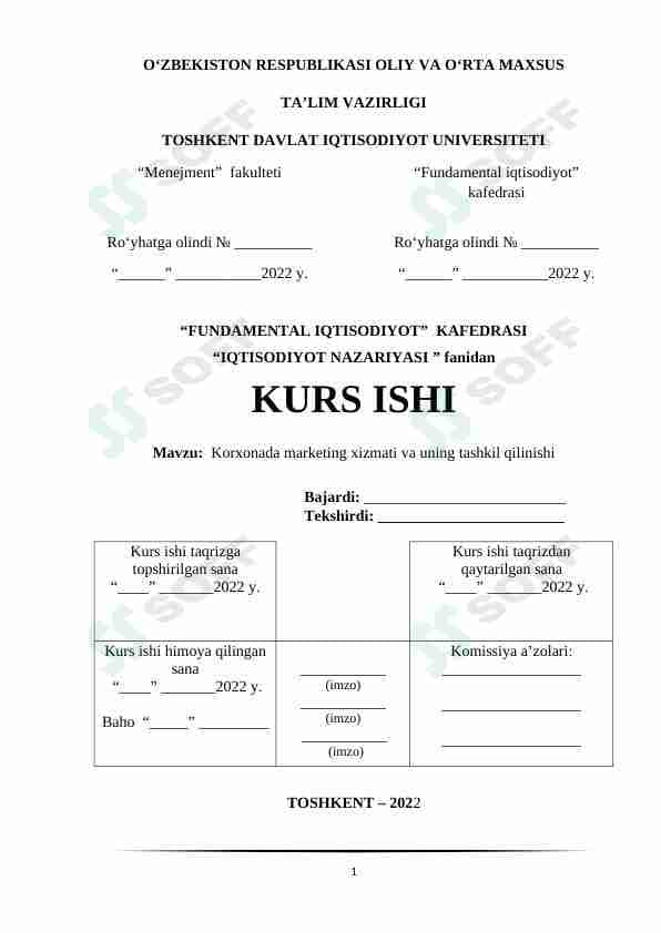 Korxonada marketing xizmati va uning tashkil qilinishi