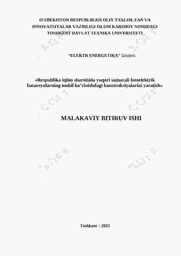 Respublika iqlim sharoitida yuqori samarali fotoelektrik batareyalarning mobil ko’rinishdagi konstruksiyalarini yaratish