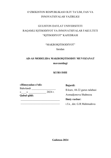 AD-AS modelining makro iqtisodiyotdagi muvozanati