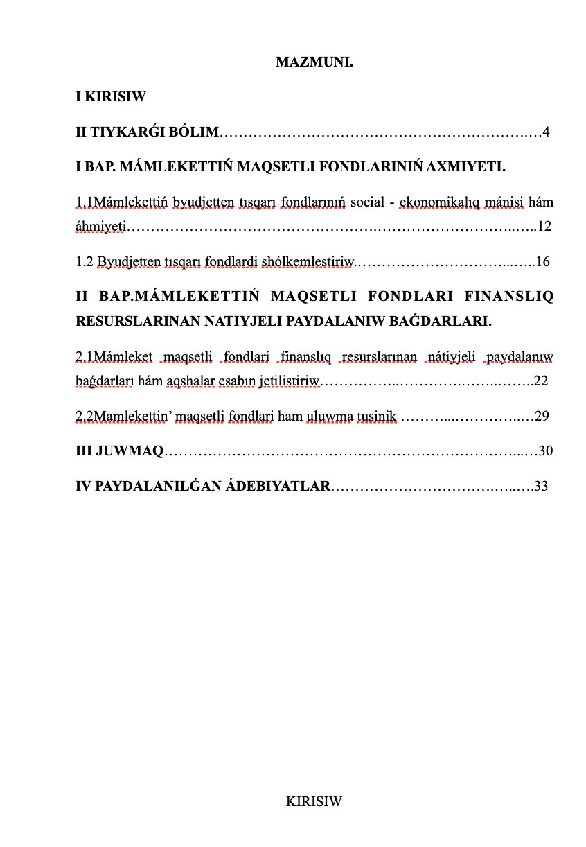 Mámlekettiń Maqsetli Fondlari Finanslıq Resurslarınan Natiyjeli Paydalanıw Baǵdarlari. Kurs jumisi