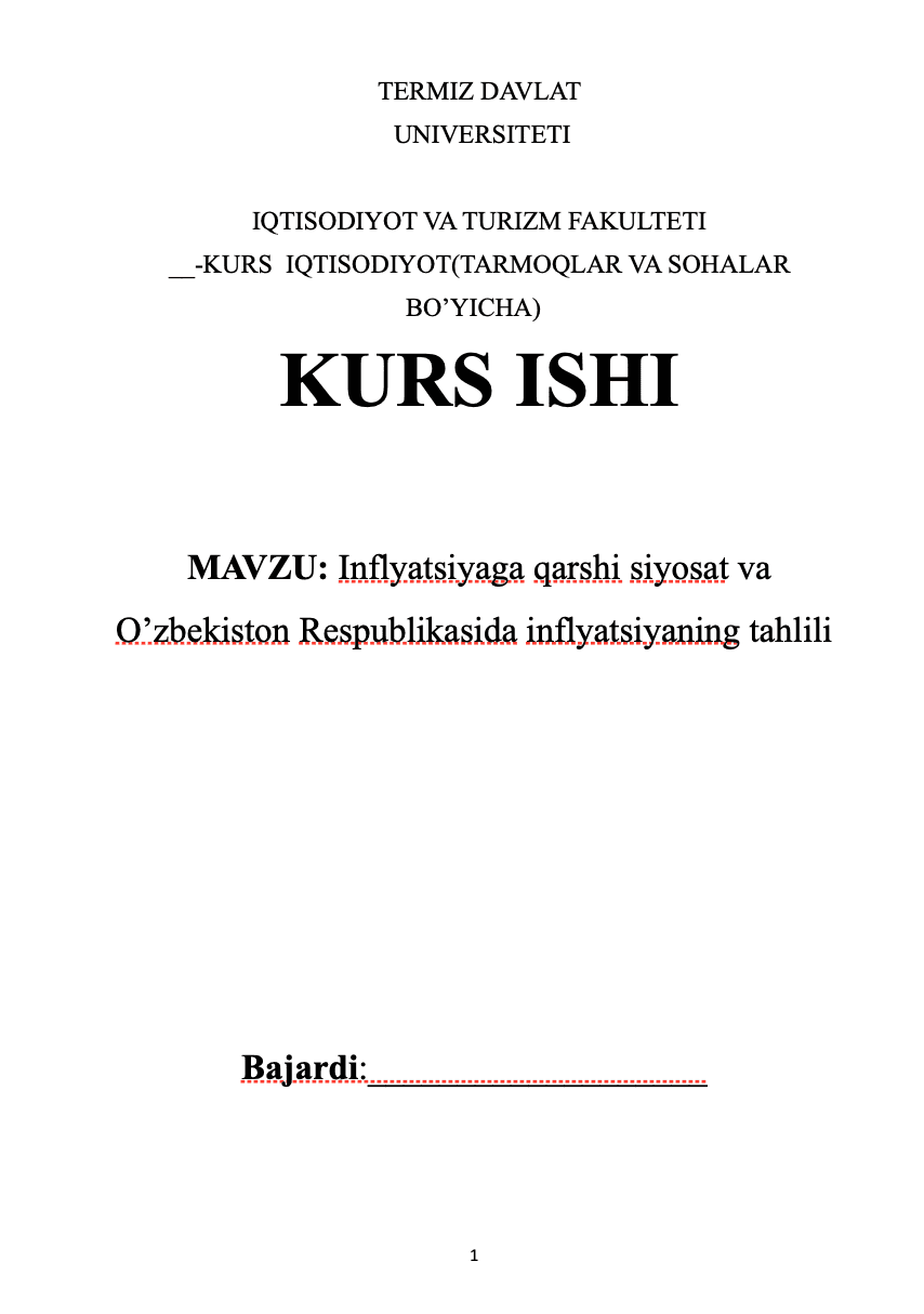 Inflyatsiyaga qarshi siyosat va O’zbekiston Respublikasida inflyatsiyaning tahlili