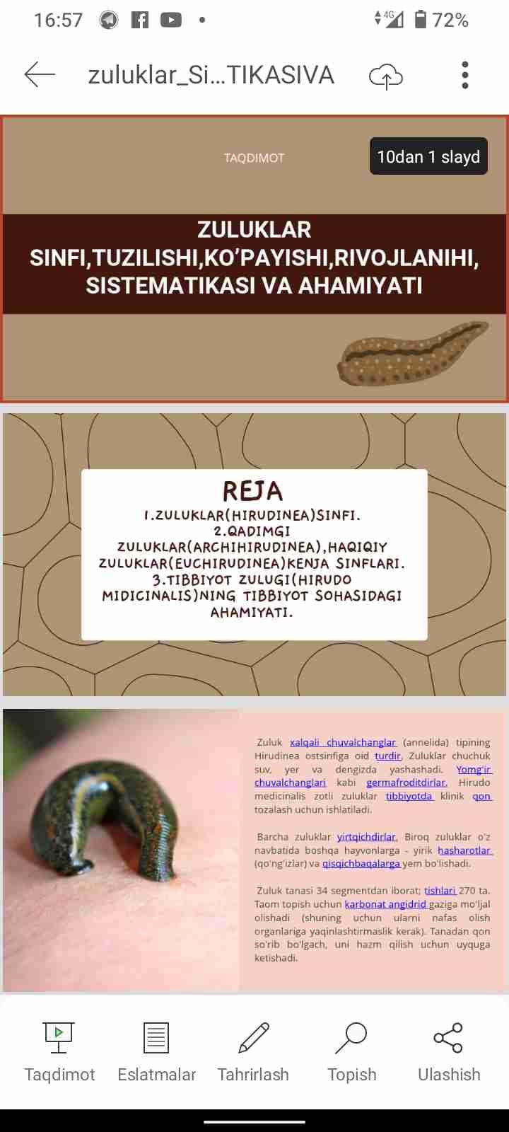 zuluklar SinfI,TUZILISHI,KO’PAYISHI,RIVOJLANISHI,SISTEMATIKASIVA.ppt