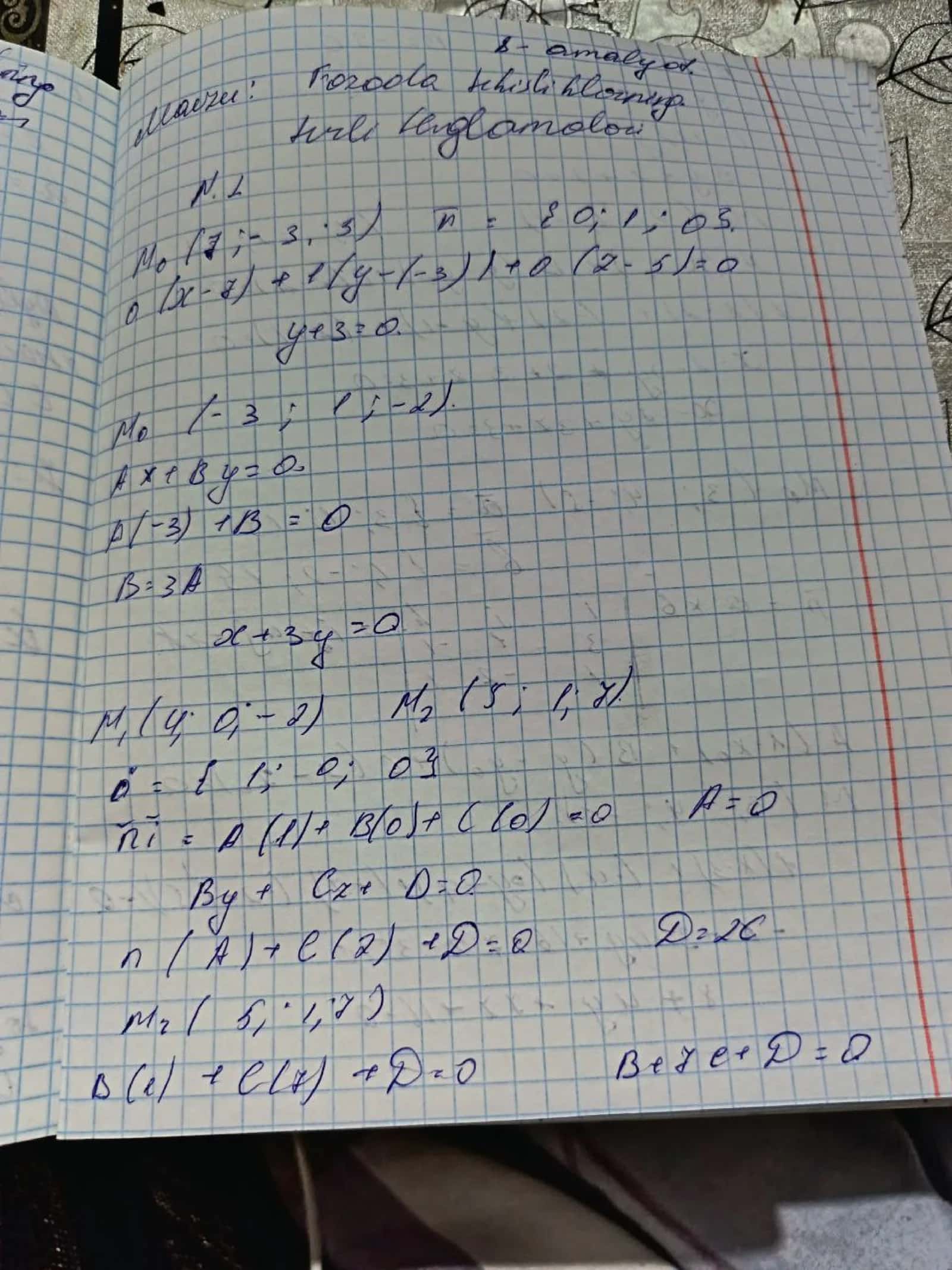 Fazoda tekislikning turli tenglamalari bo'yicha misollar