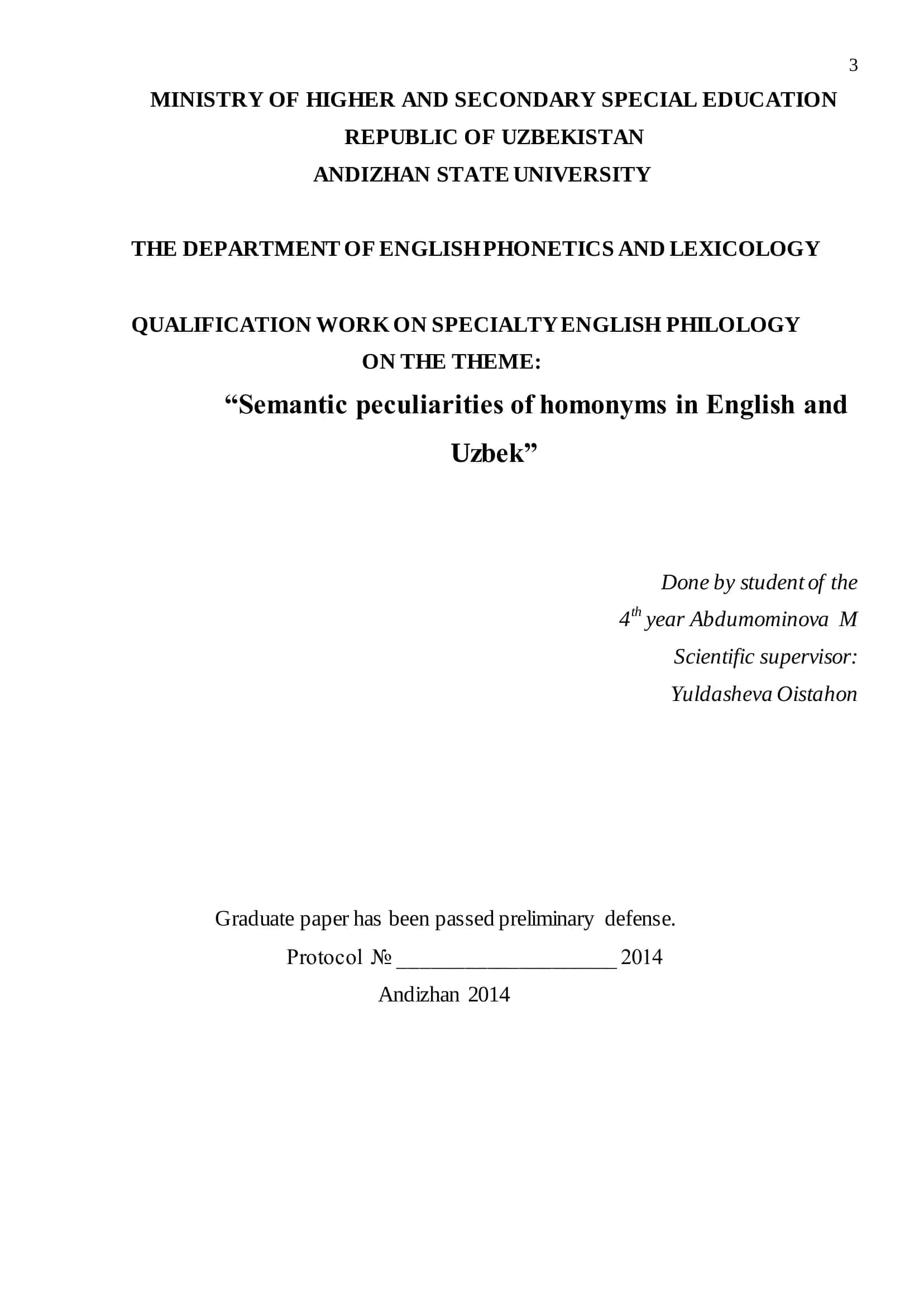 Semantic peculiarities of homonyms in English and Uzbek