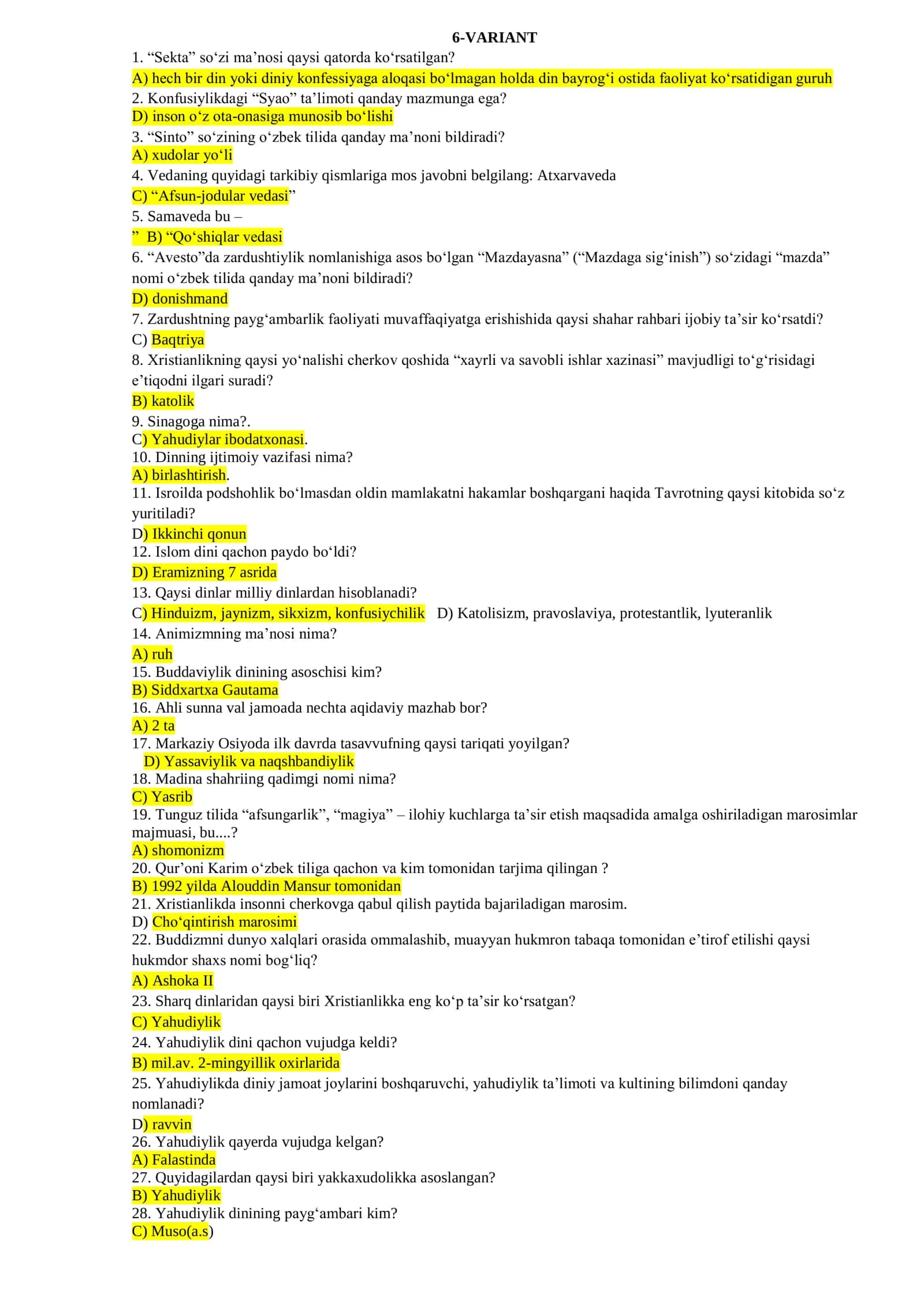 dinshunoslik fanidan testlar to'plami