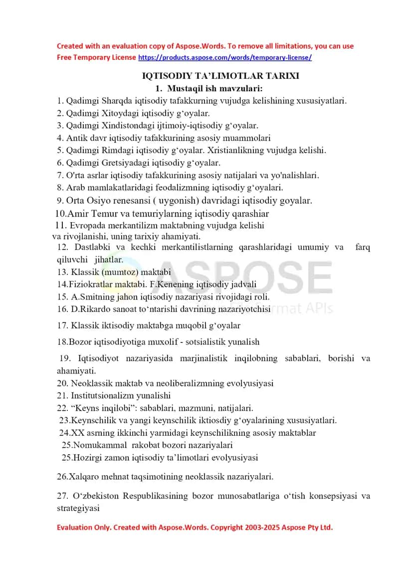 IQTISODIY TA’LIMOTLAR TARIXI