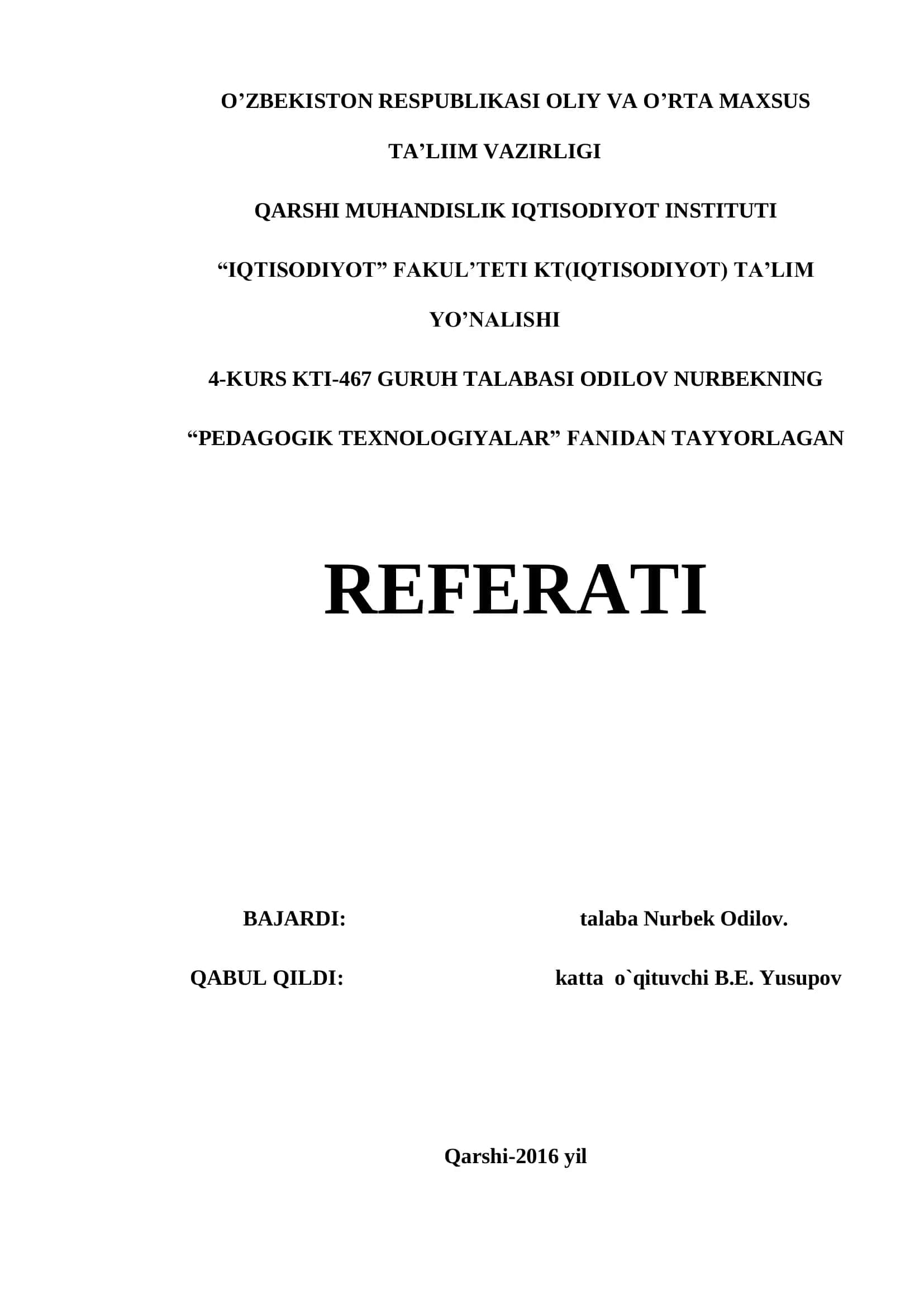 Pedagogik Texnologiyalar Referati