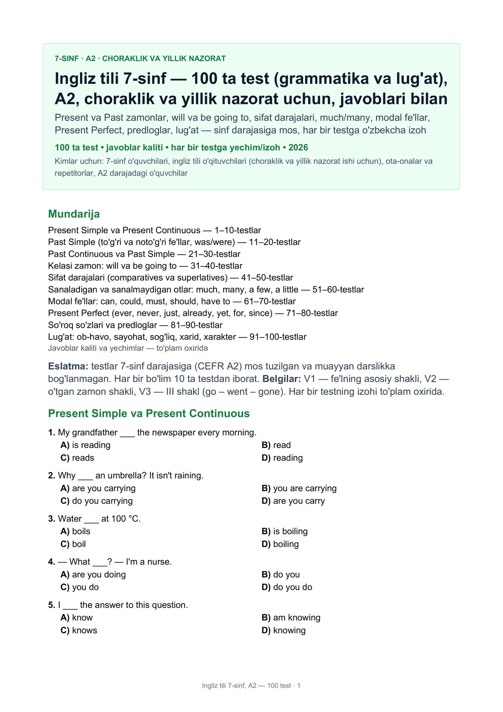 Ingliz tili 7-sinf, A2 — 100 test