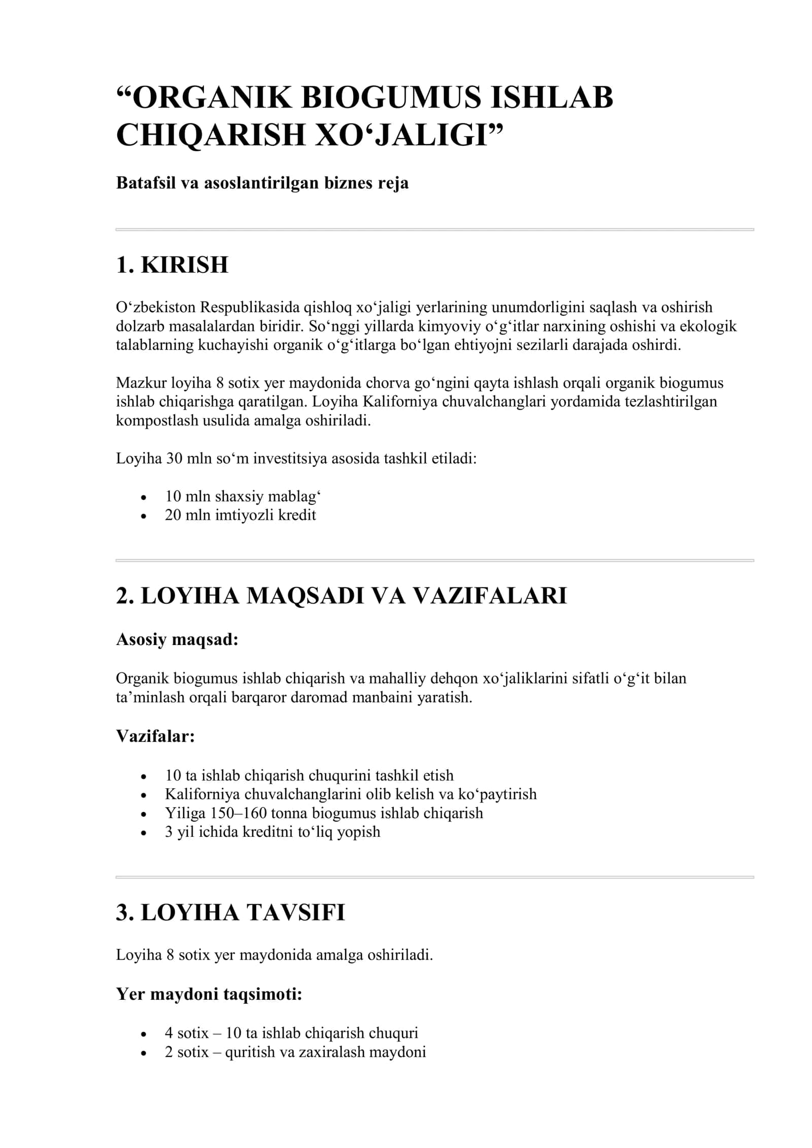 ORGANIK BIOGUMUS ISHLAB CHIQARISH XO‘JALIGI