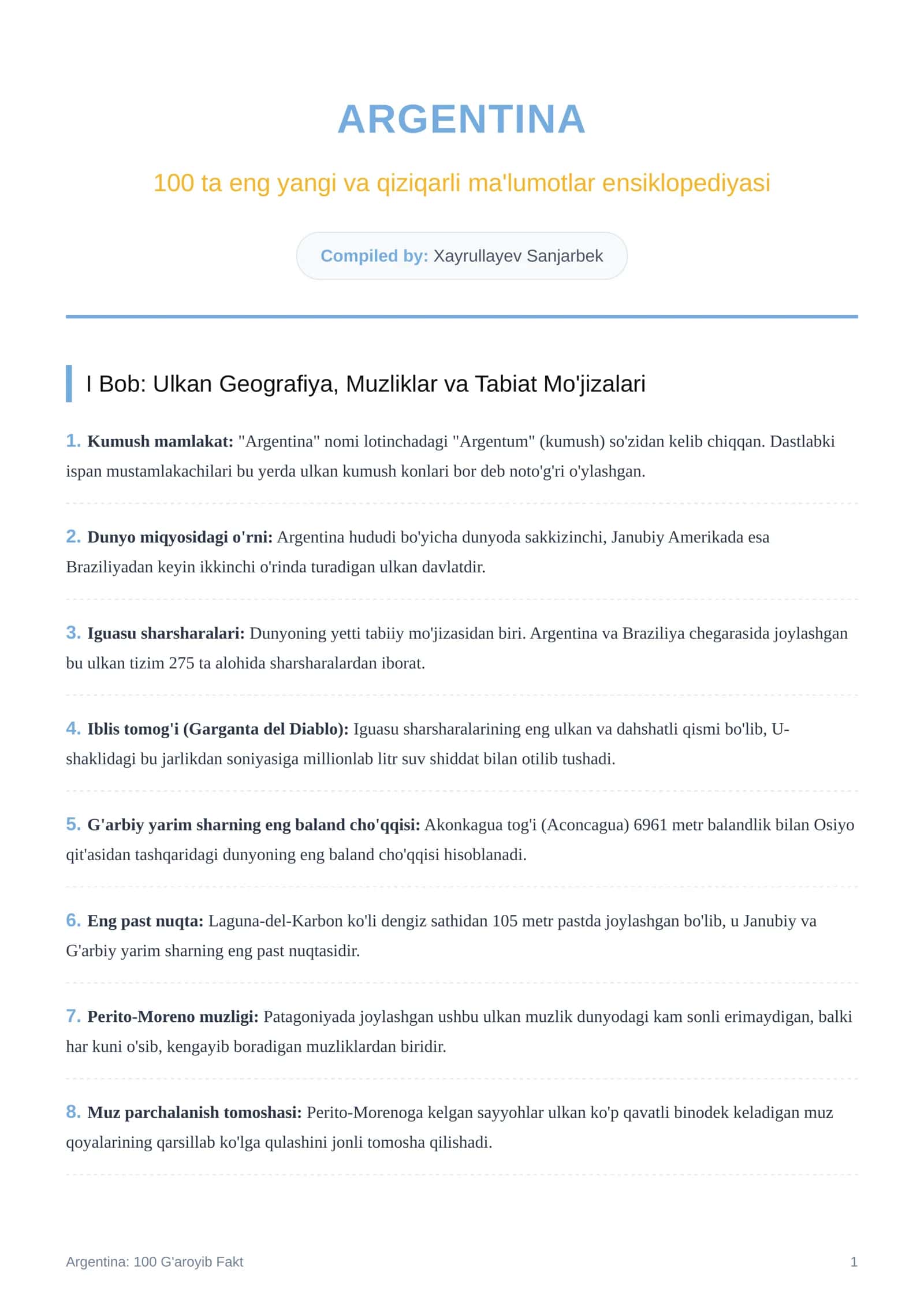 ARGENTINA 100 ta eng yangi va qiziqarli ma'lumotlar ensiklopediyasi
