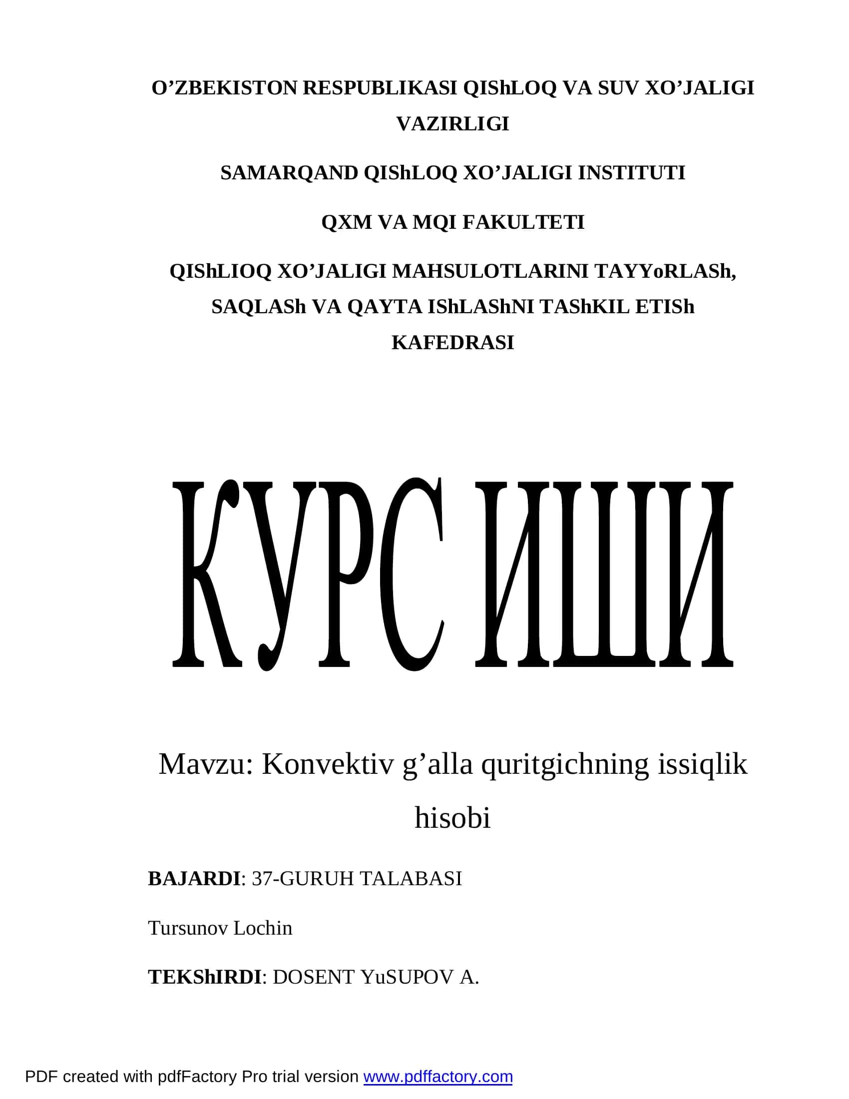 Konvektiv g’alla quritgichning issiqlik hisobi