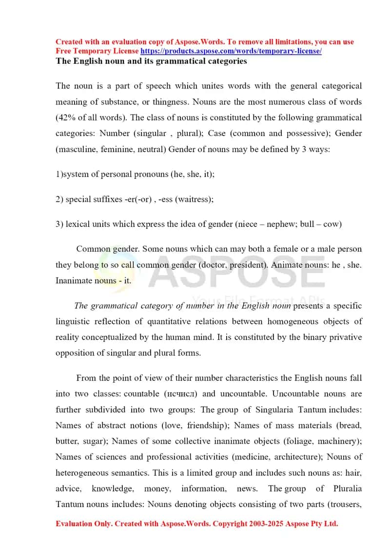 The English noun and its grammatical categories