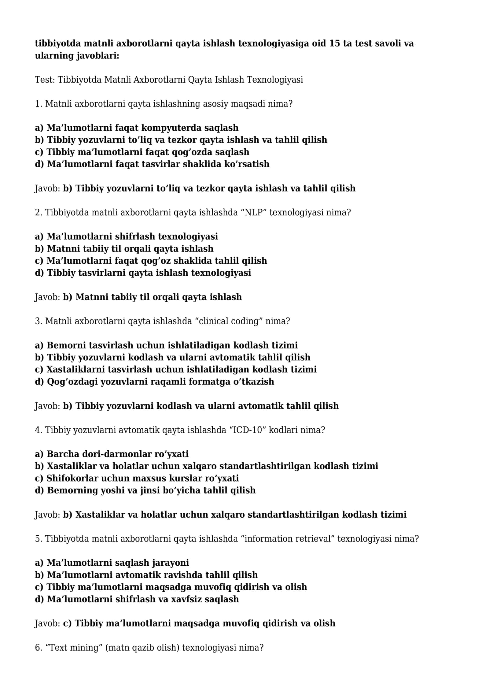 Tibbiyotda Matnli Axborotlarni Qayta Ishlash Texnologiyasi