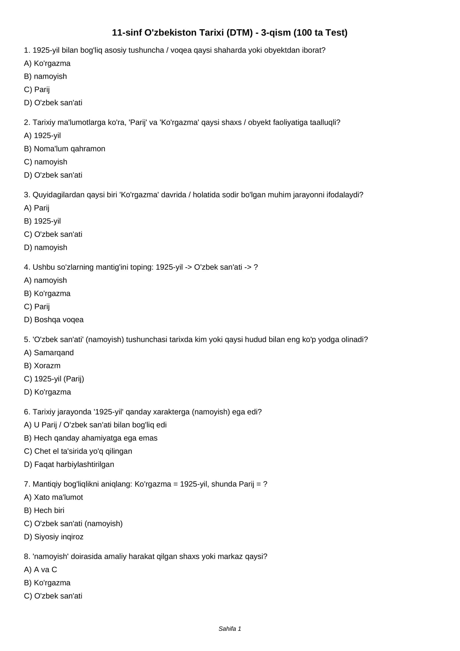 11-sinf O'zbekiston Tarixi (DTM) - 3-qism (100 ta Test)