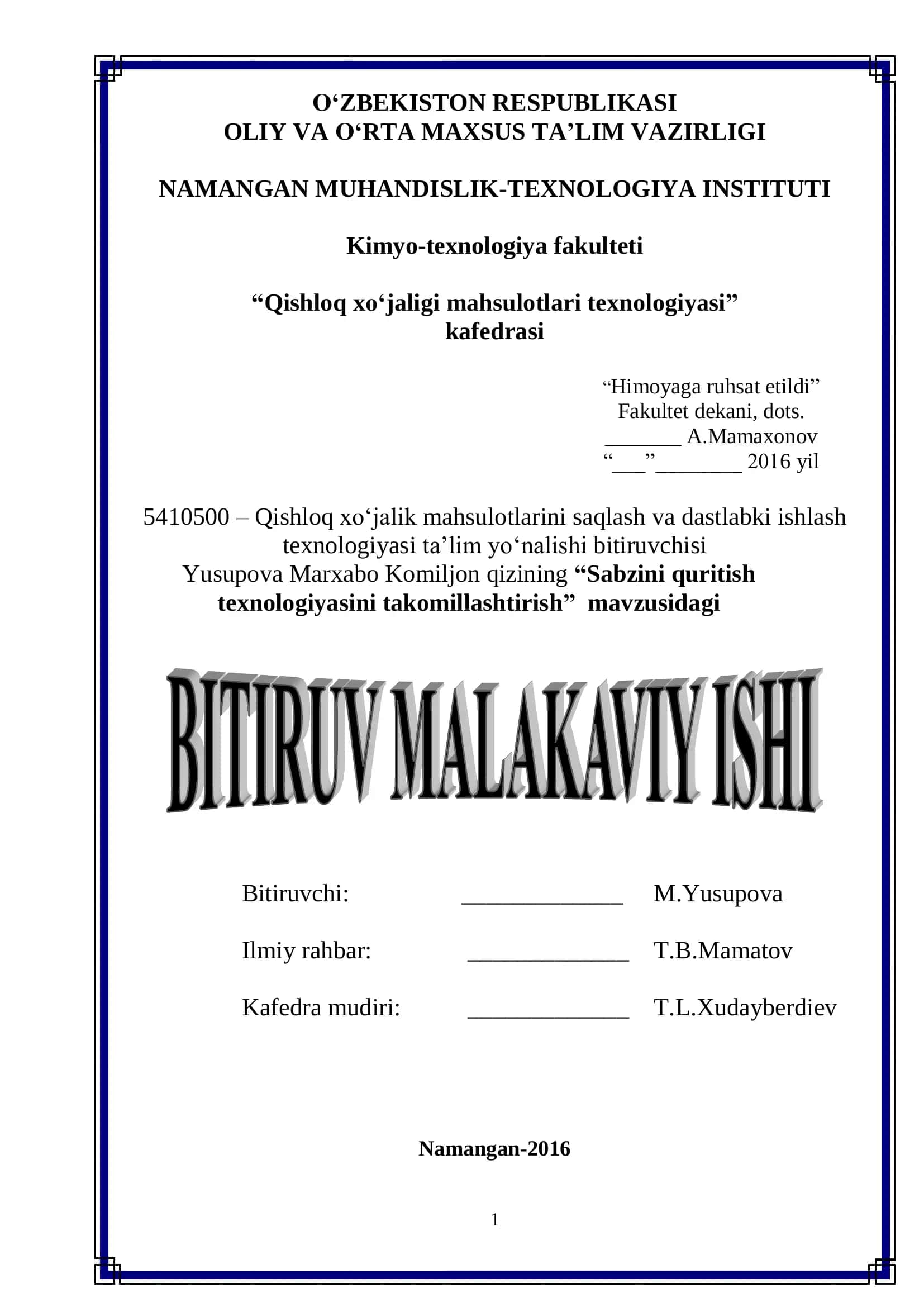 Qishloq xo„jaligi mahsulotlari texnologiyasi