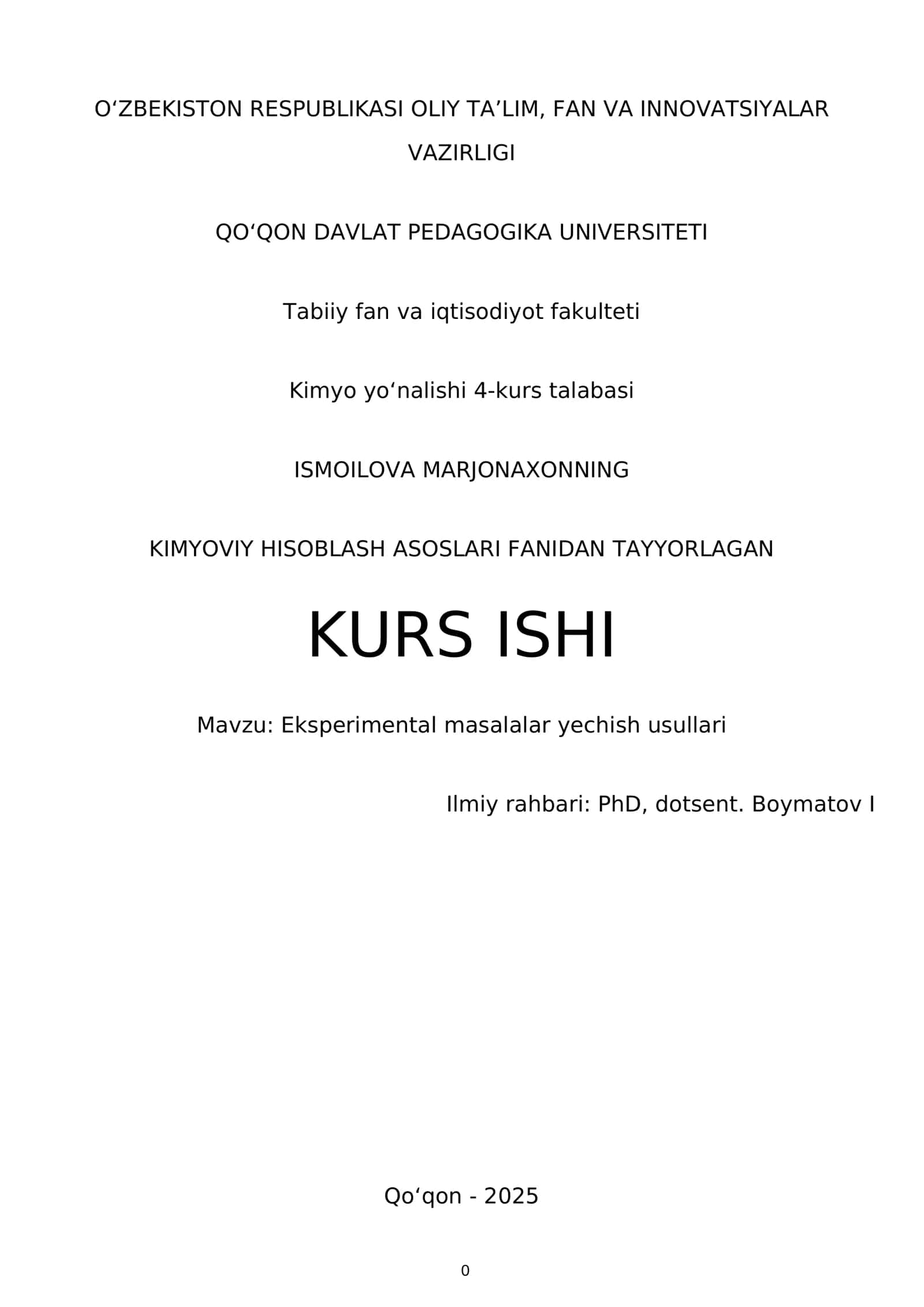 KIMYOVIY HISOBLASH ASOSLARI FANIDAN TAYYORLAGAN KURS ISHI