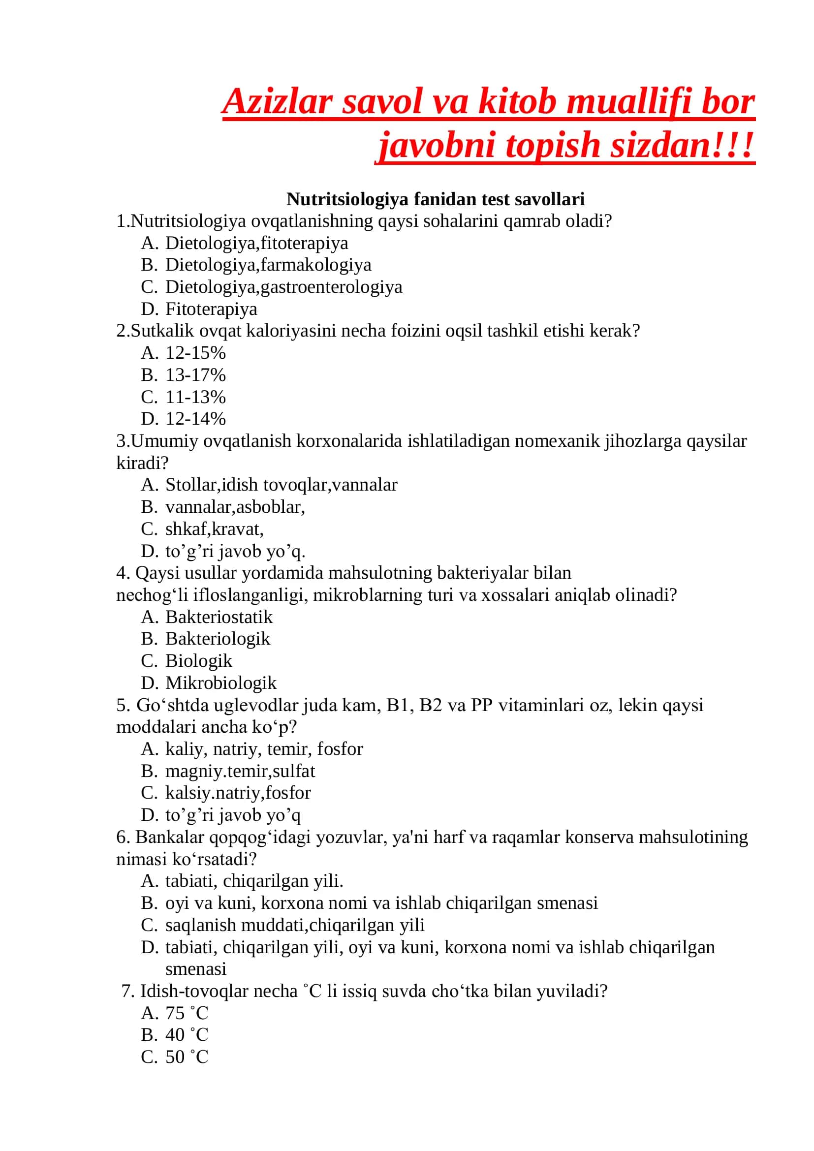 Nutritsiologiya fanidan test savollari