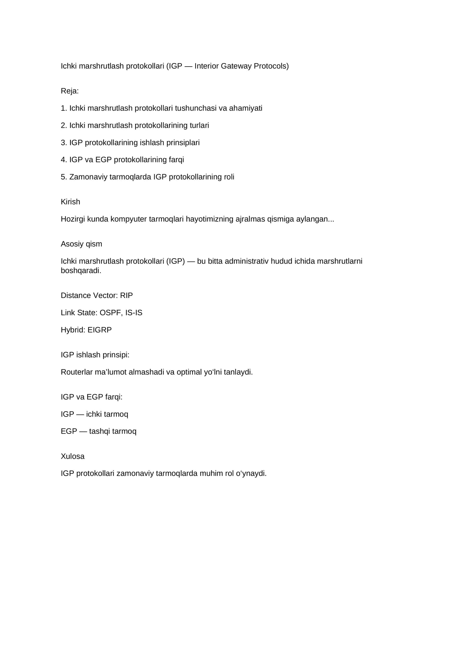 Ichki marshrutlash protokollari (IGP — Interior Gateway Protocols)