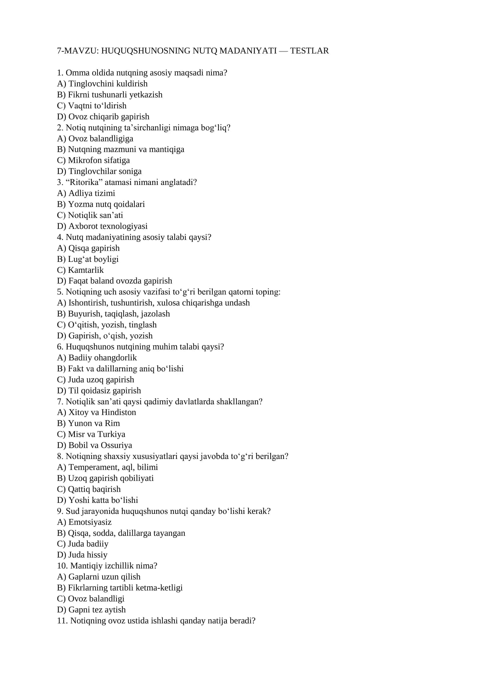 HUQUQSHUNOSNING NUTQ MADANIYATI — TESTLAR