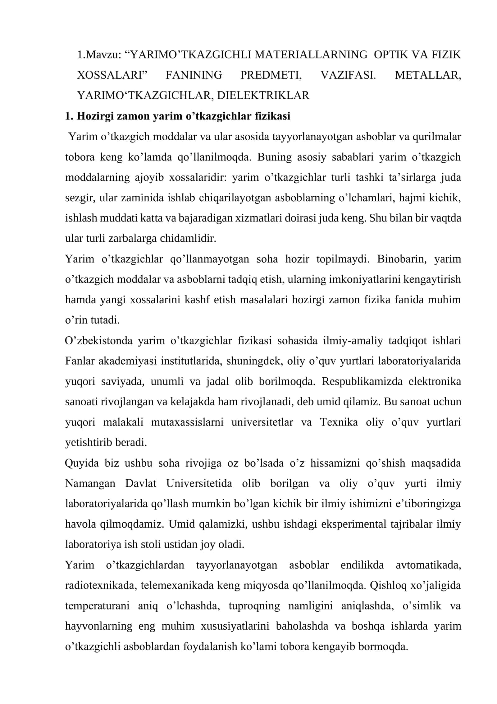 YARIMO’TKAZGICHLI MATERIALLARNING OPTIK VA FIZIK XOSSALARI