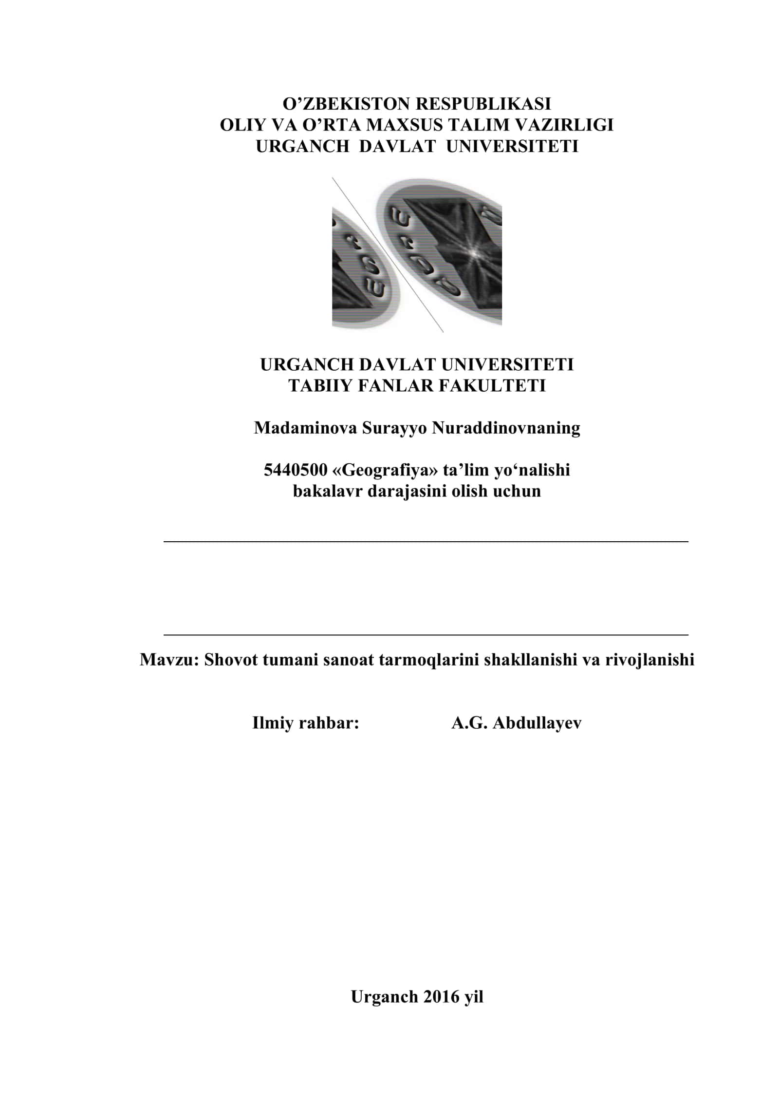 Shovot tumani sanoat tarmoqlarini rivojlanishi Kurs ishi
