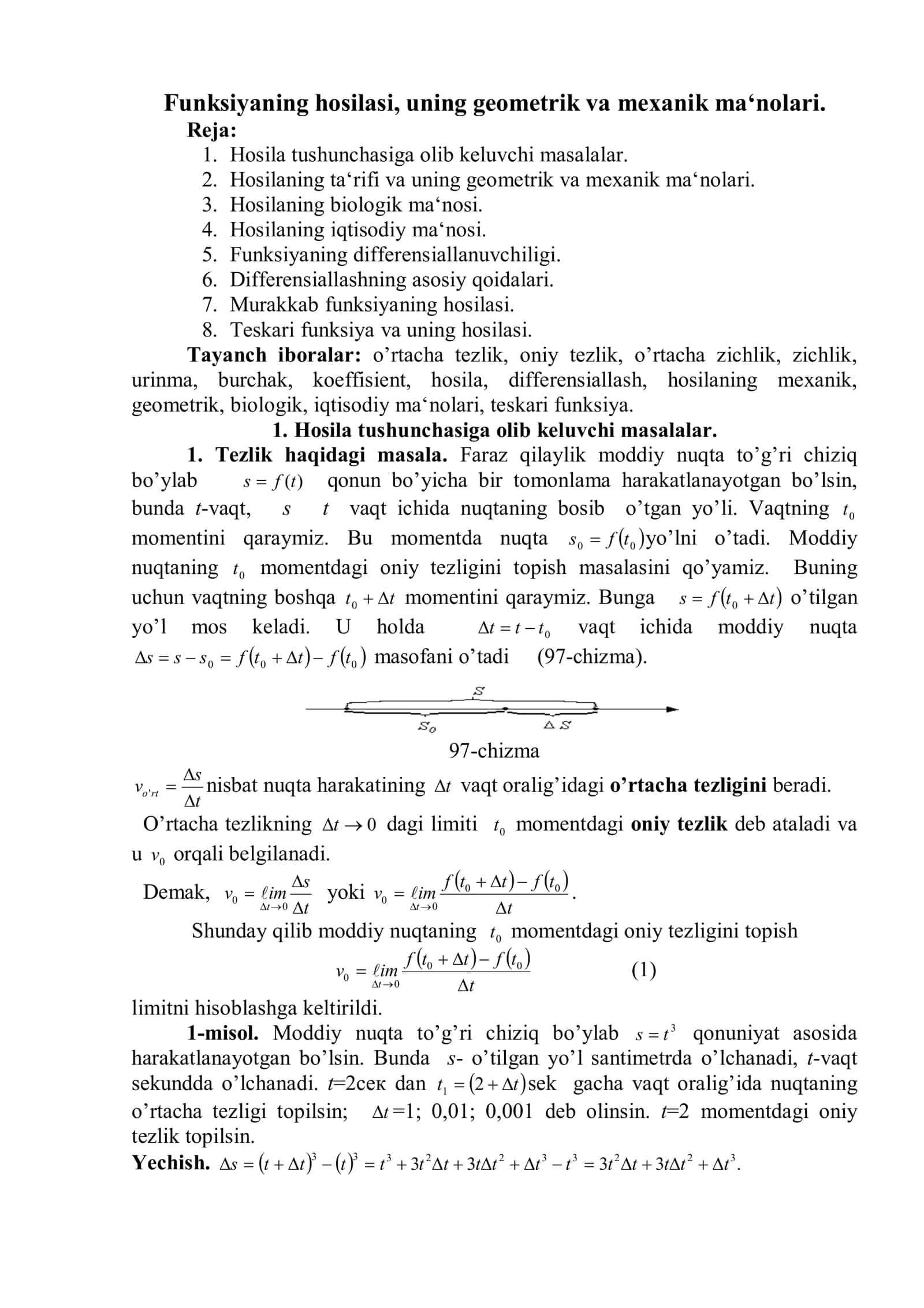 Hosila tushunchasi va uning mexanik va geometrik ma'nolari