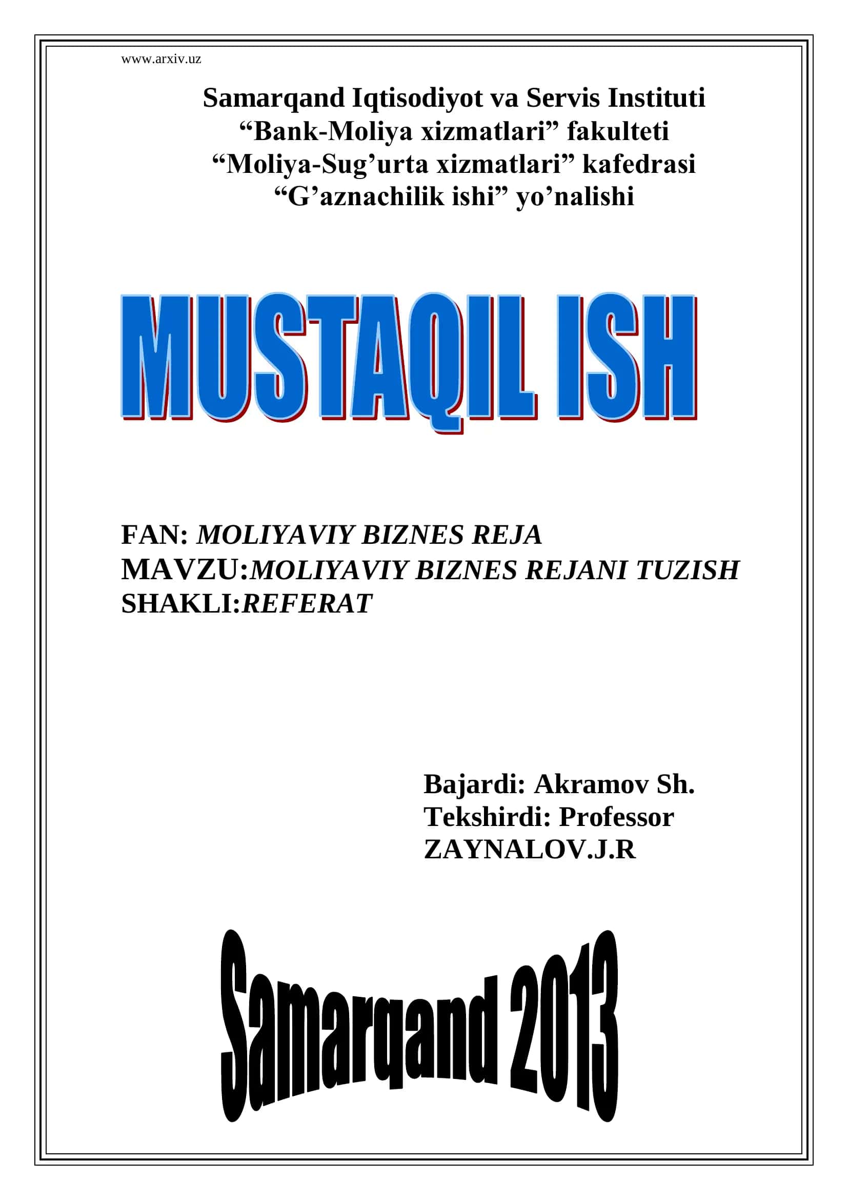 MOLIYAVIY BIZNES REJA