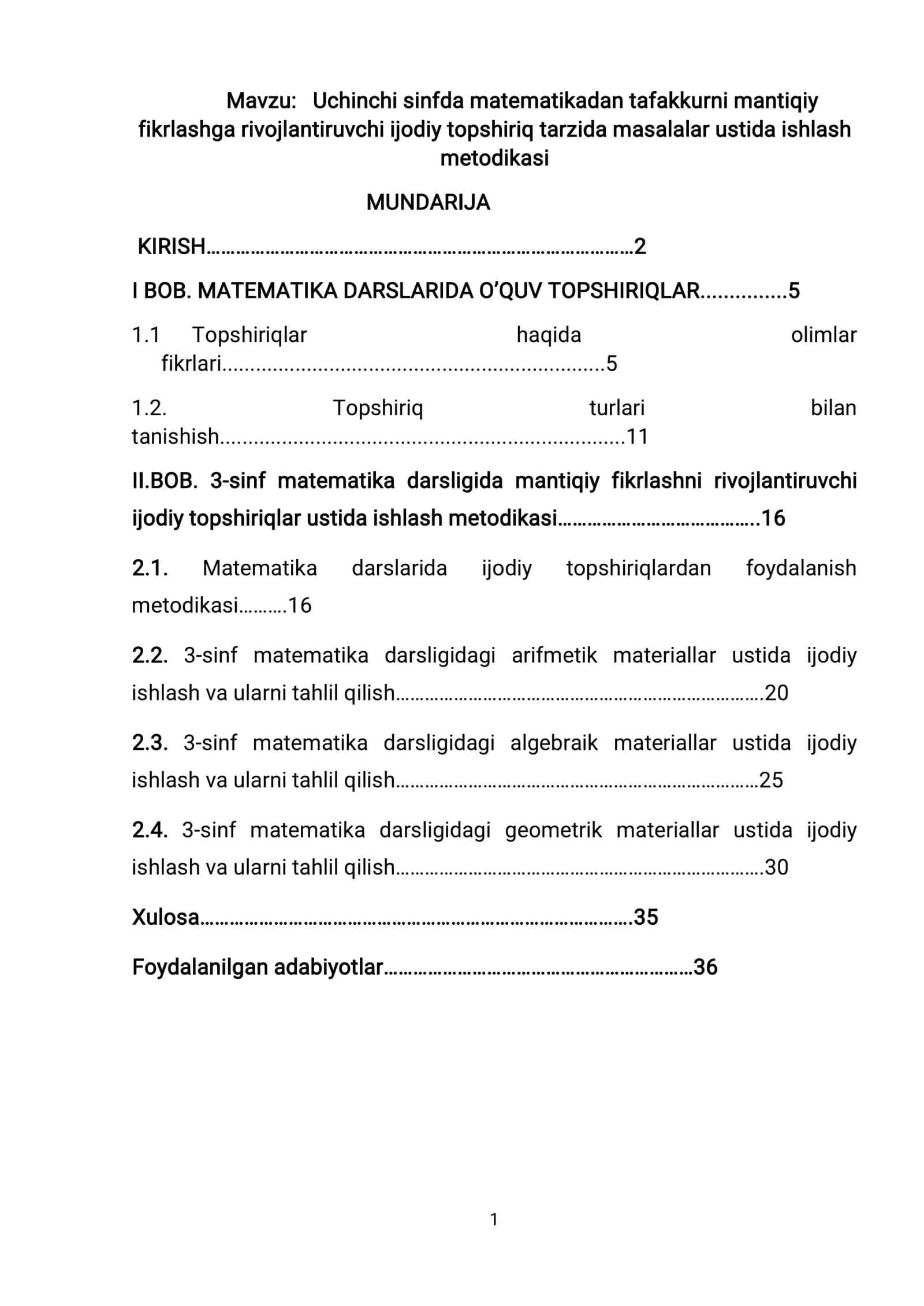 Uchinchi sinfda matematikadan tafakkurni mantiqiy fikrlashga rivojlantiruvchi ijodiy topshiriq tarzida masalalar ustida ishlash