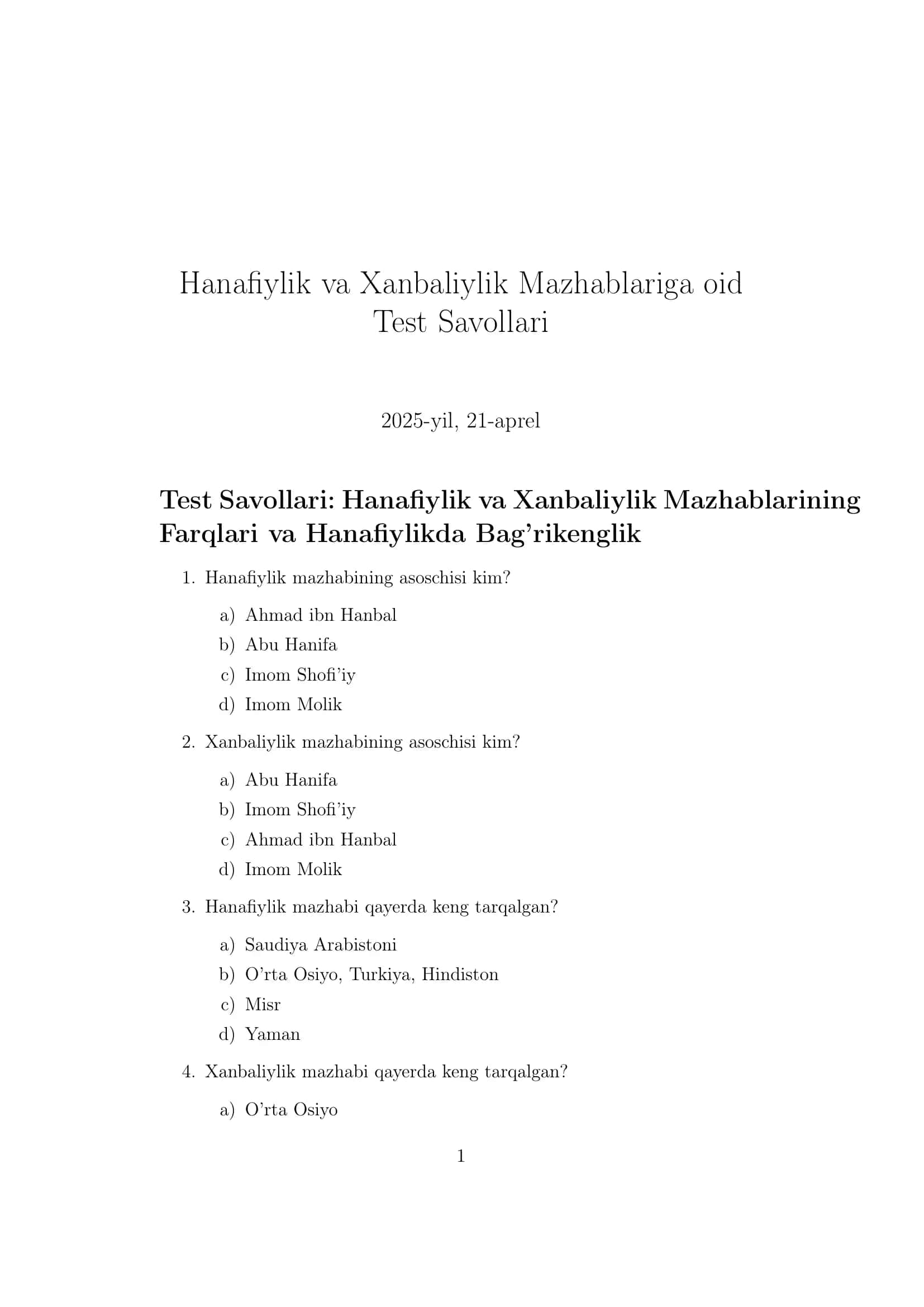 Hanafiylik va Xanbaliylik Mazhablariga oid Test Savollari