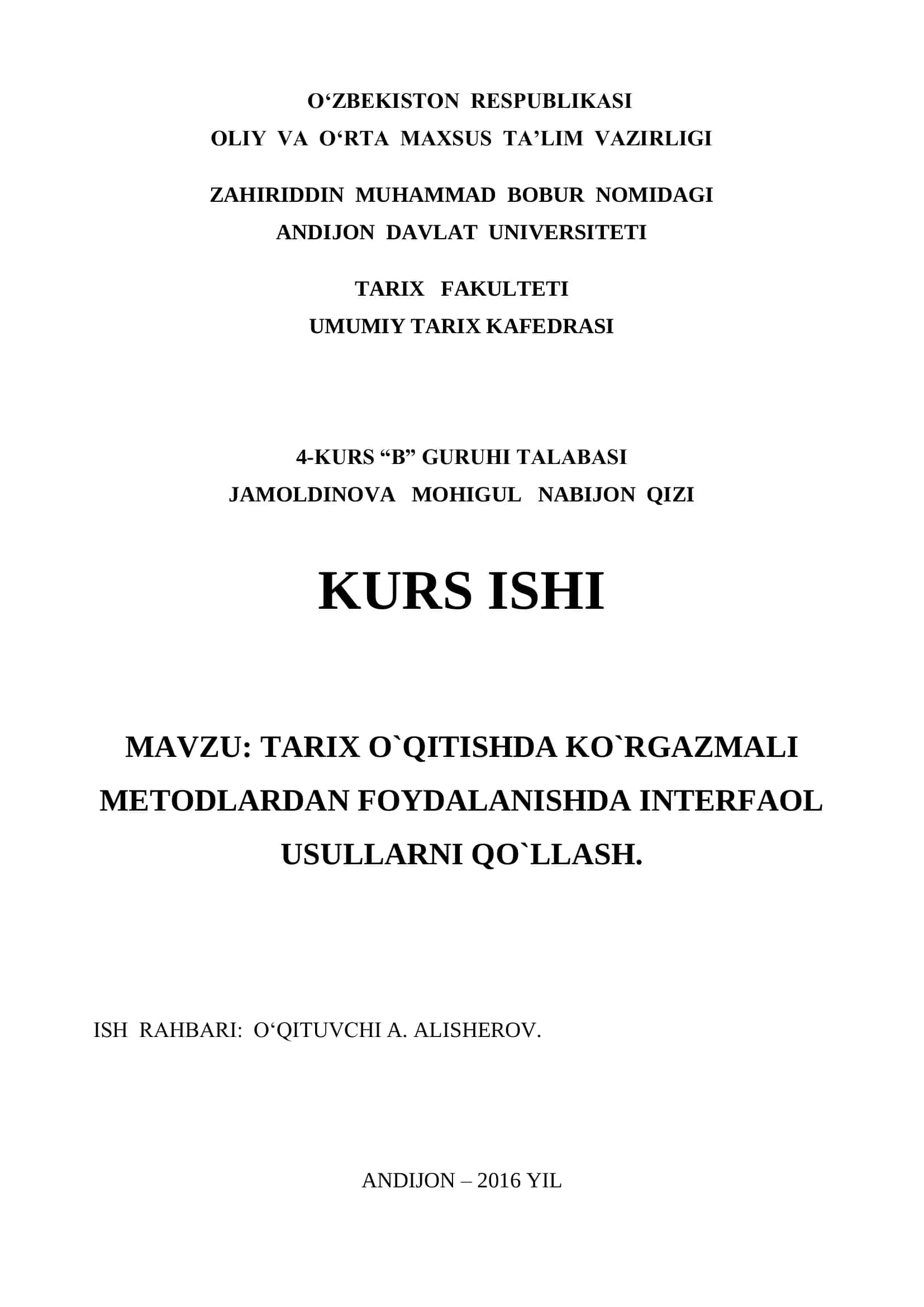 TARIX O`QITISHDA KO`RSATMALI METODLARDAN FOYDALANISHDA INTERFAOL USULLARNI QO`LLASH