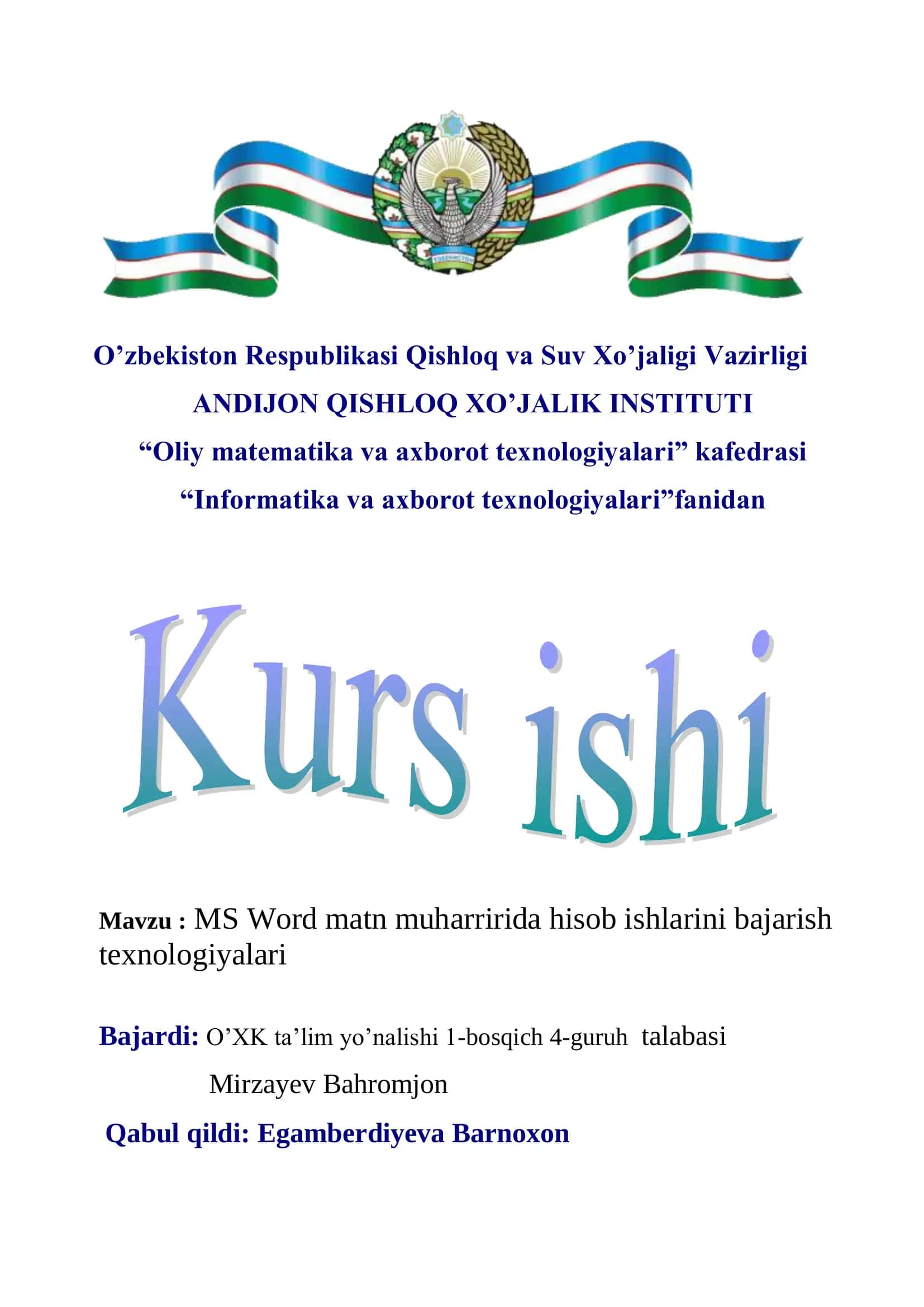MS Word matn muharririda hisob ishlarini bajarish texnologiyalari