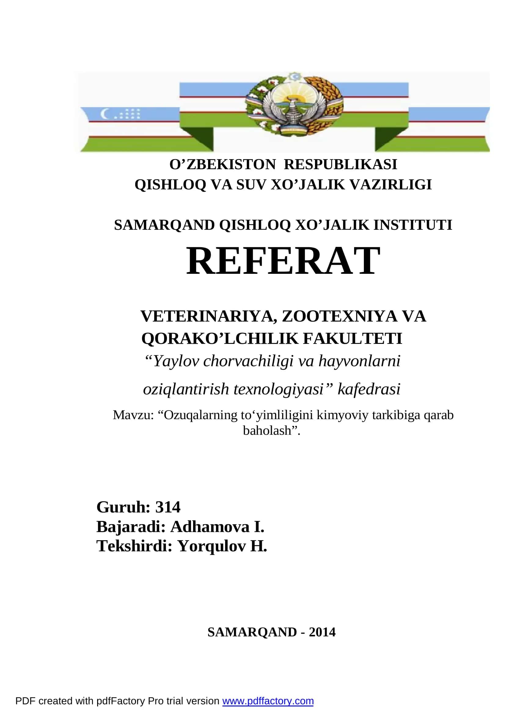 “Ozuqalarning to‘yimliligini kimyoviy tarkibiga qarab