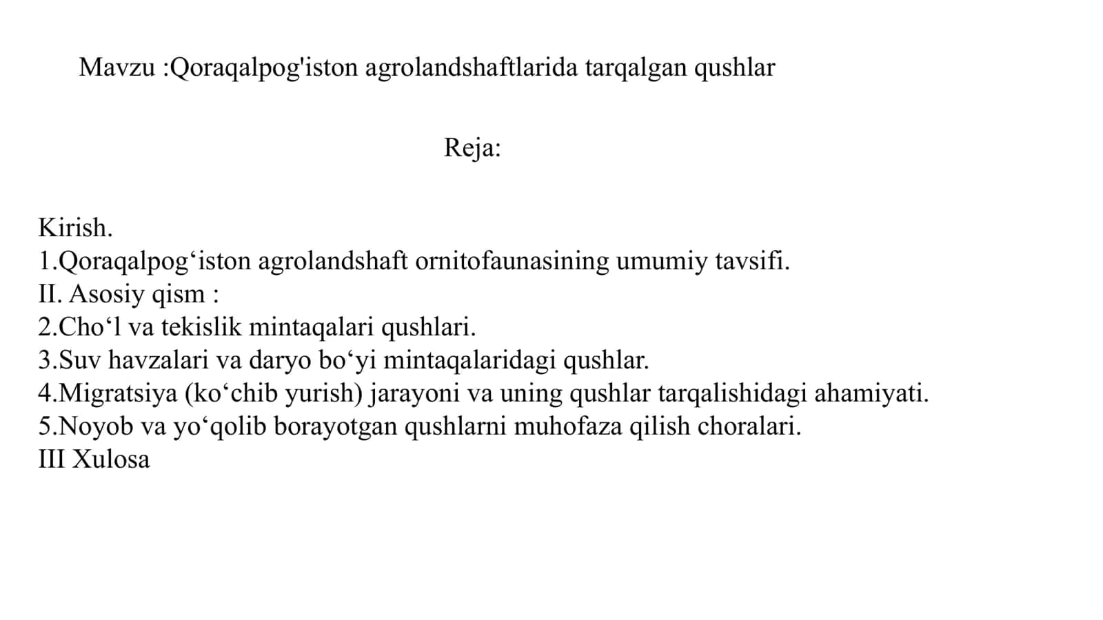 Qoraqalpog'iston agrolandshaftlarida tarqalgan qushlar