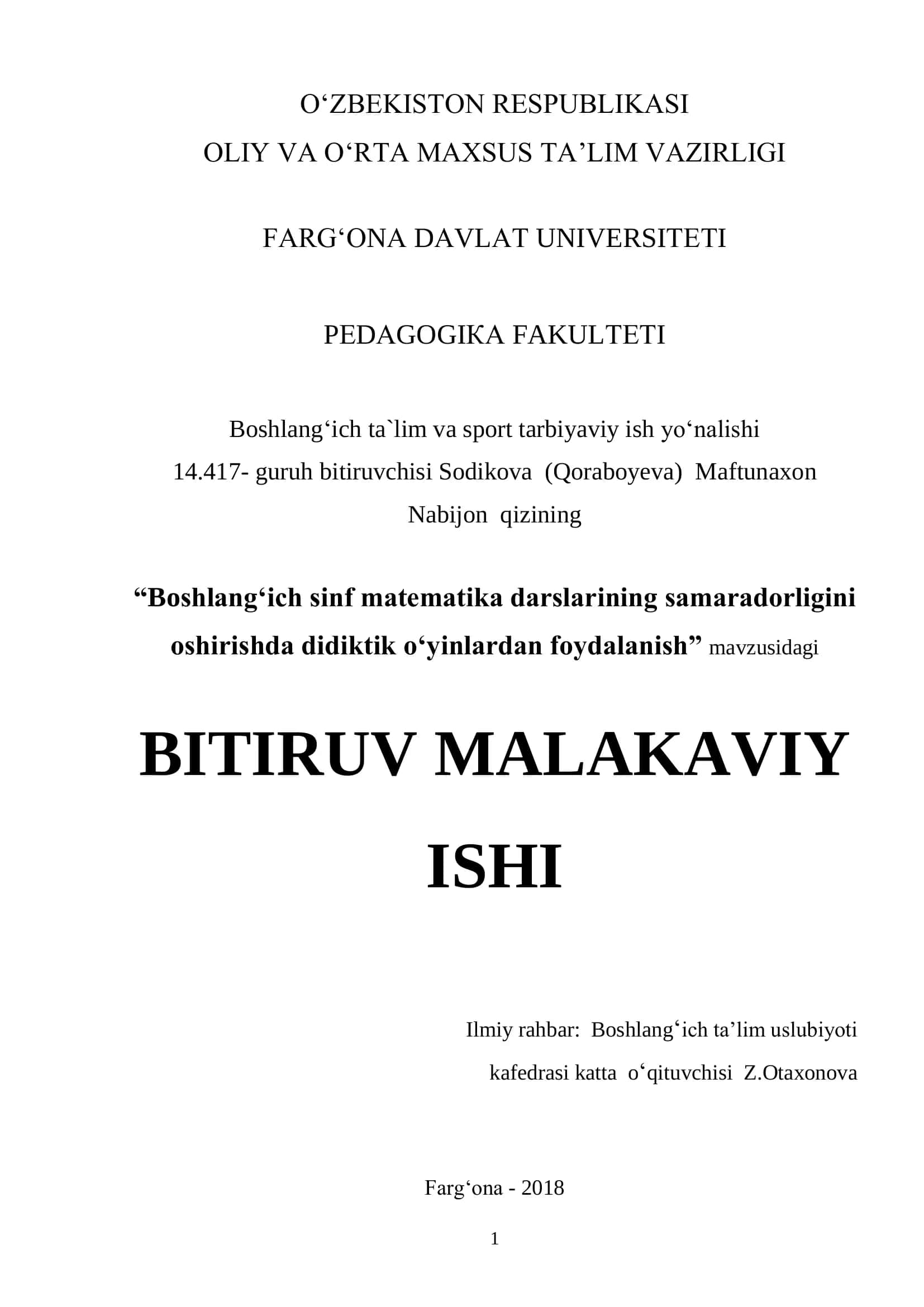 "Boshlang‗ich sinf matematika darslarining samaradorligini oshirishda didiktik o„yinlardan foydalanish” mavzusidagi BITIRUV MALAKAVIY ISHI