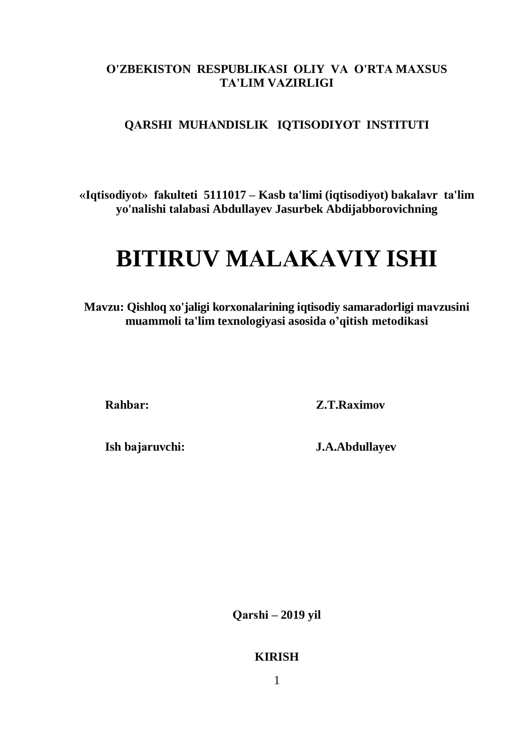 Qishloq xo'jaligi korxonalarining iqtisodiy samaradorligi mаvzusini muammoli ta'lim texnologiyasi asosida о’qitish metоdikаsi