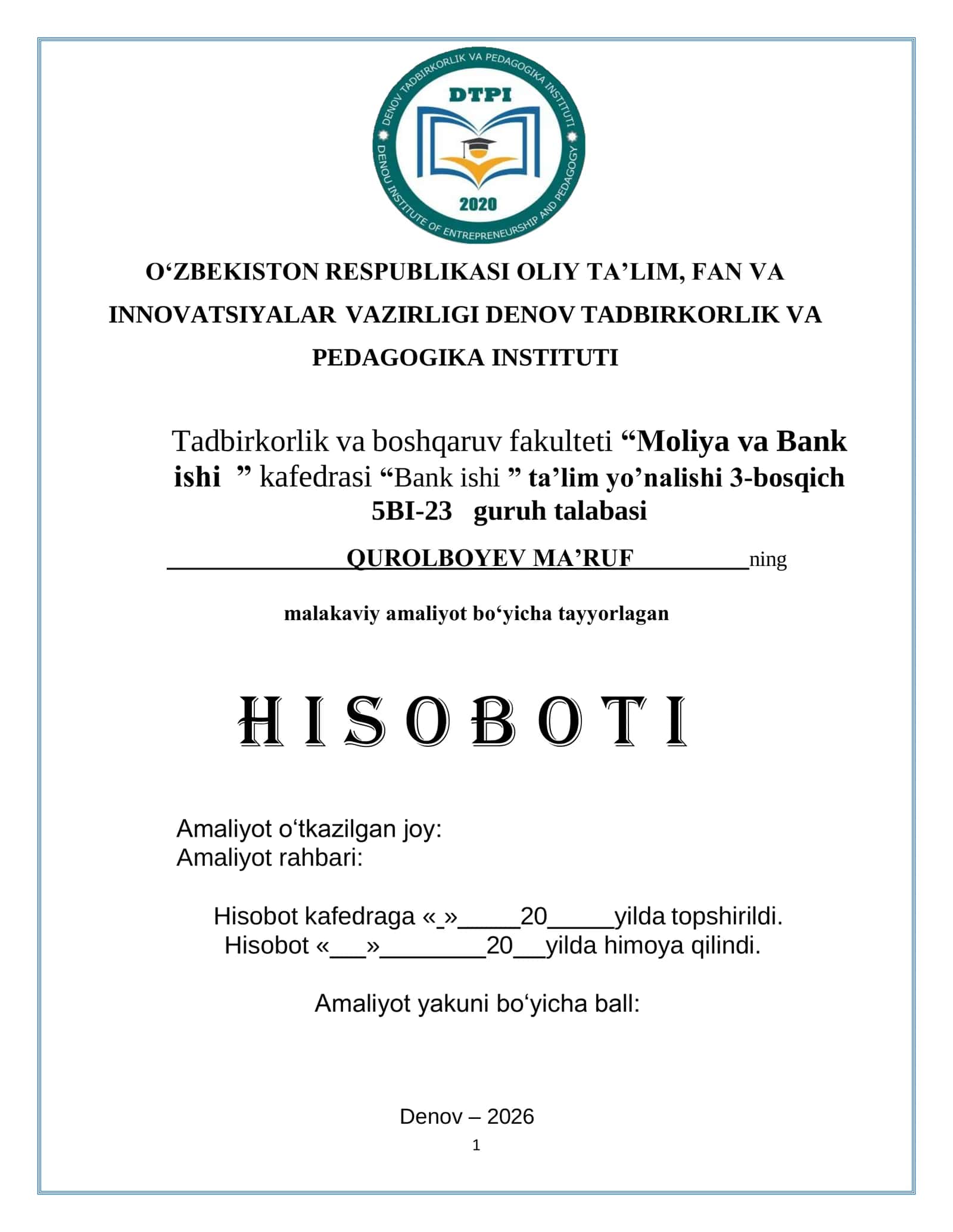 ATB "Agrobank" Xorazm Viloyati Yangibozor tuman filialining Talabaning Malakaviy Amaliyoti