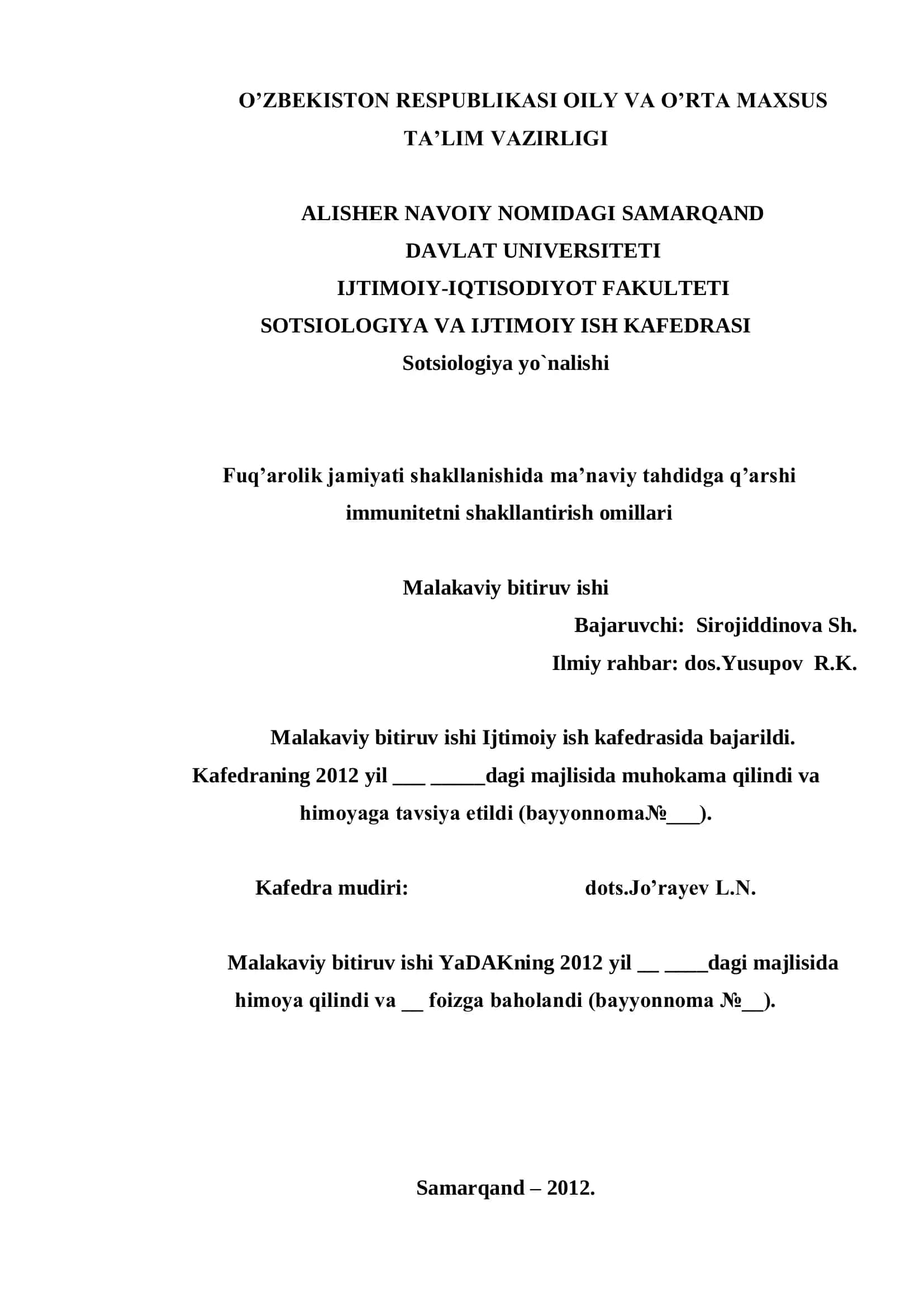 Fuq’arolik jamiyati shakllanishida ma’naviy tahdidga q’arshi immunitetni shakllantirish omillari