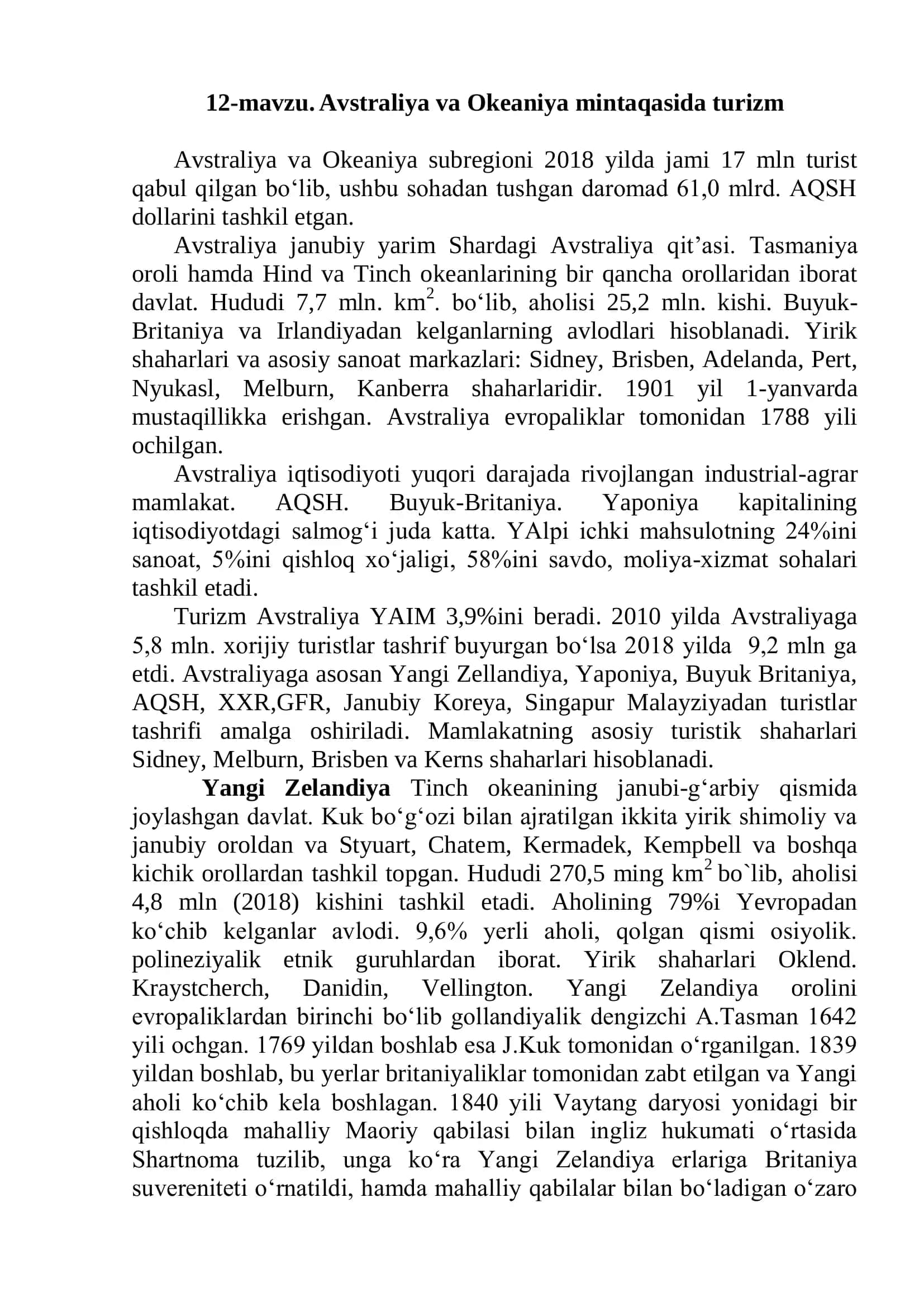12-mavzu. Avstraliya va Okeaniya mintaqasida turizm
