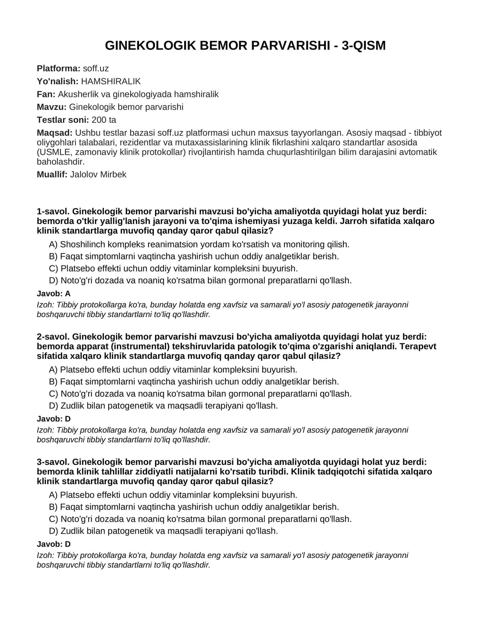 GINEKOLOGIK BEMOR PARVARISHI - 3-QISM