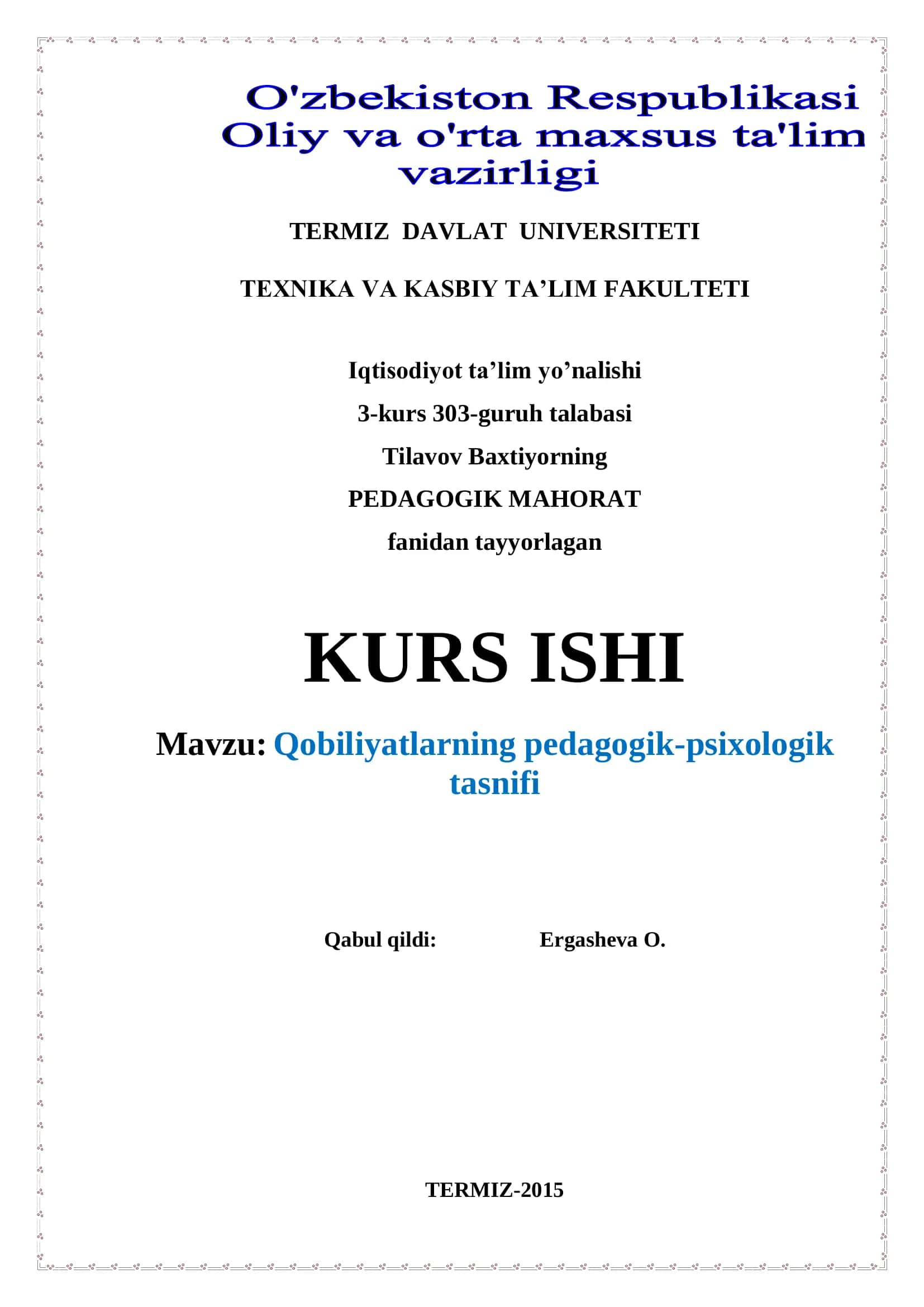 QOBILIYATNING PEDAGOGIK PSIXOLOGIK TASNIFI