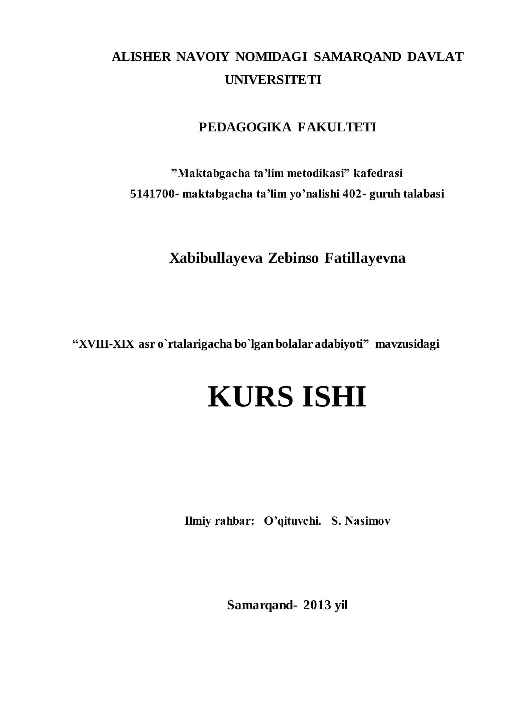 XVIII-XIX asr o`rtalarigacha bo`lgan bolalar adabiyoti