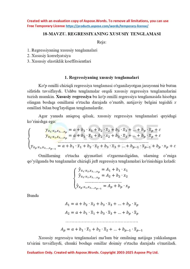 Regressiyaning xususiy tenglamasi va xususiy korrelyatsiya koeffitsientlari tahlili