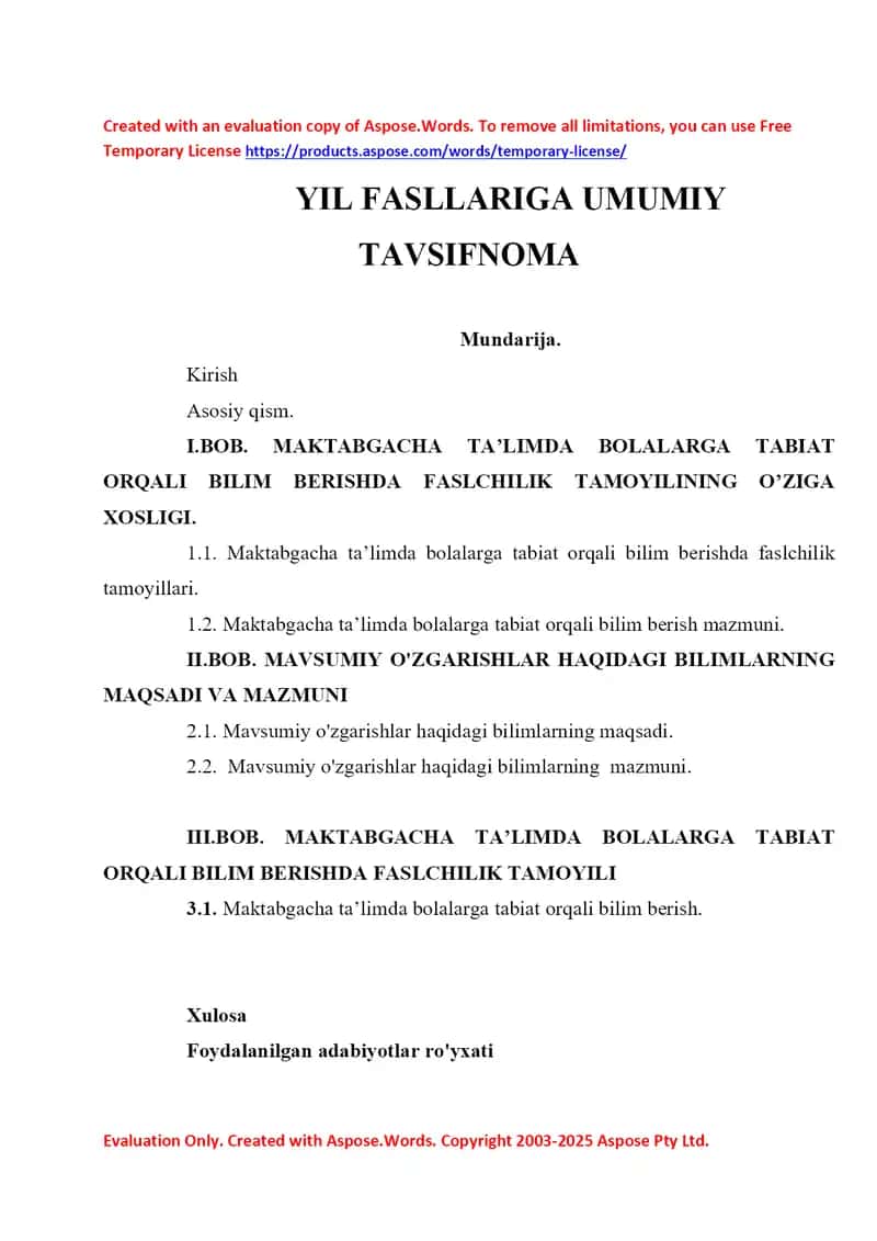 YIL FASLLARIGA UMUMIY TAVSIFNOMA
