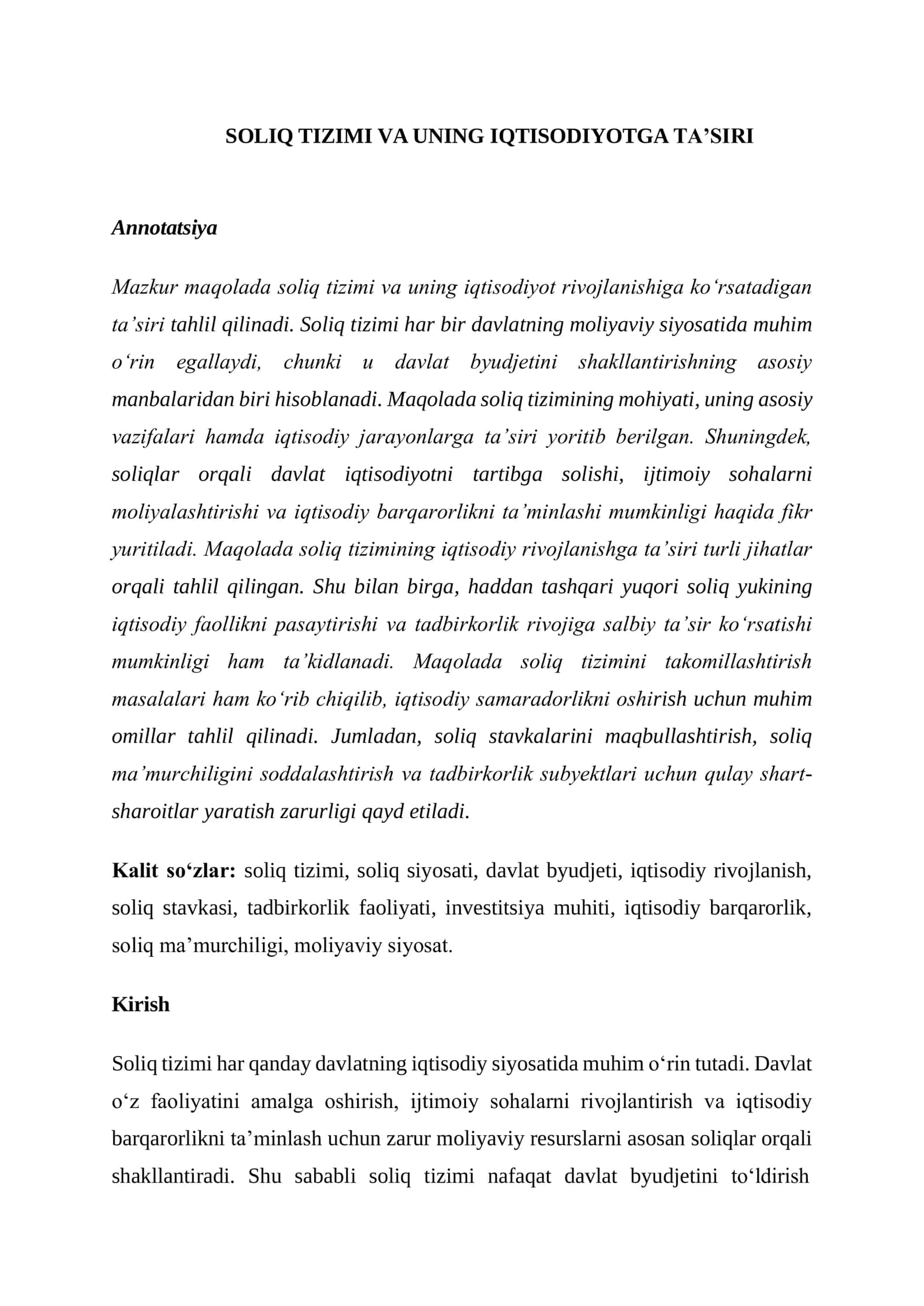 SOLIQ TIZIMI VA UNING IQTISODIYOTGA TA’SIRI