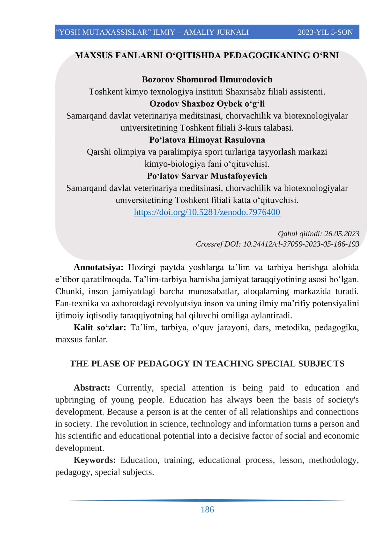 "YOSH MUTAXASSISLAR" ILMIY – AMALIY JURNALI 2023-YIL 5-SON